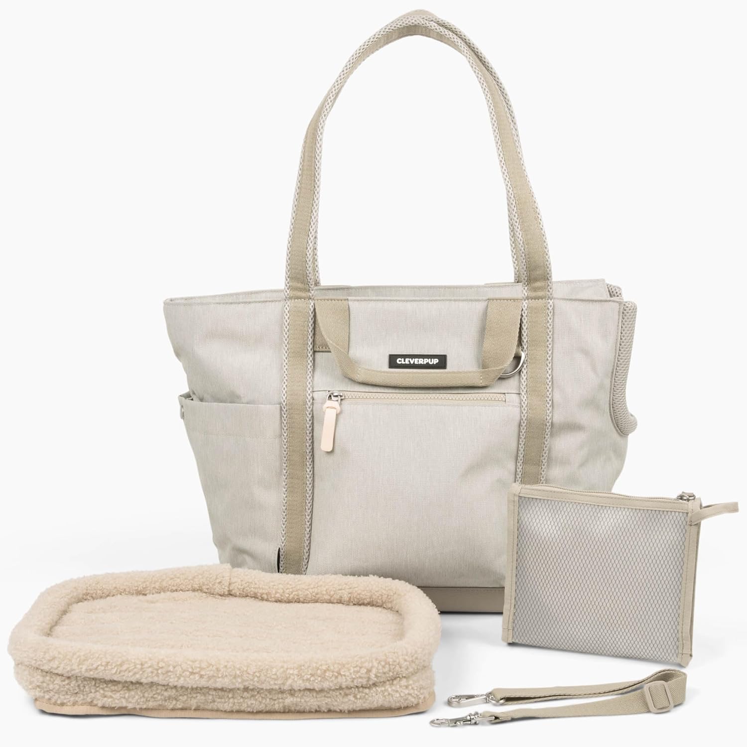 CLEVERPUP Transit & Treat Bundle - Premium 4-Piece Transit Tote Dog Carrier in Sand & Snackpack in Sand