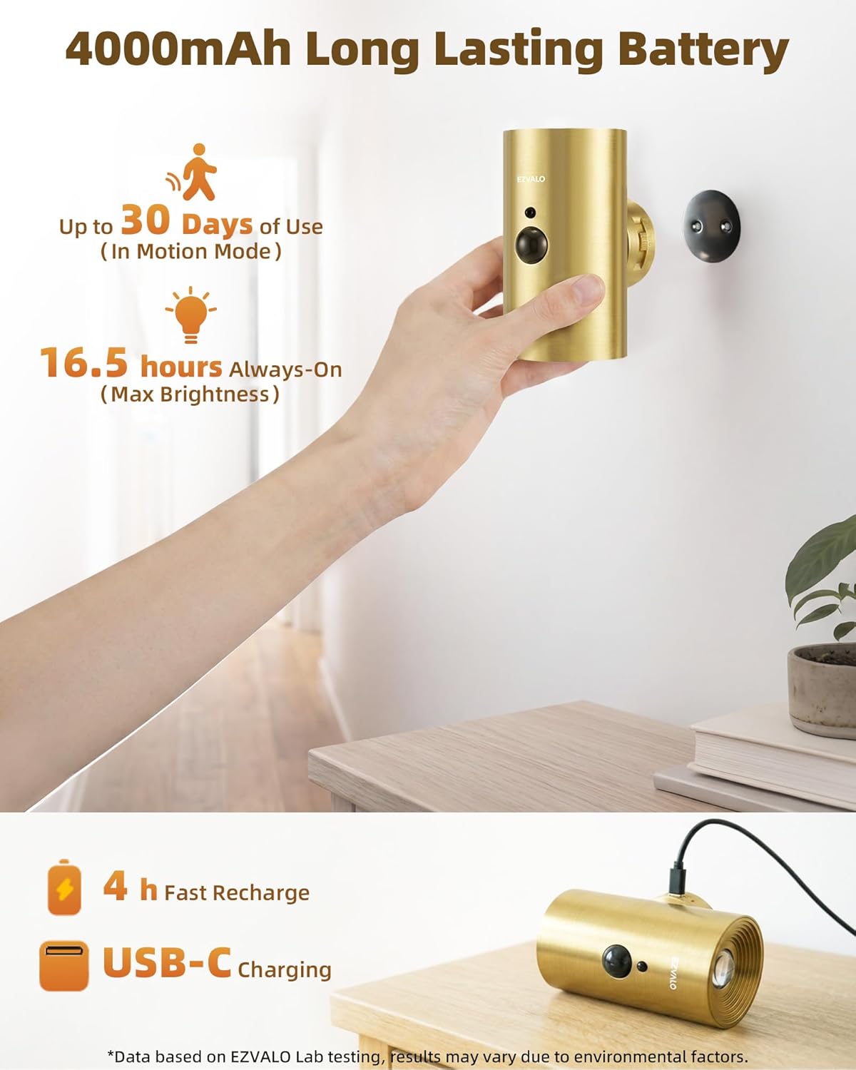 EZVALO Motion Sensor Wall Sconces with Remote, Rechargeable Battery Operated 4000mAh Wall Lights, 3 Color Temperatures & 12 RGB, Wireless LED Lighting for Hallway, Living Room (Brass Gold, 2 Pack)