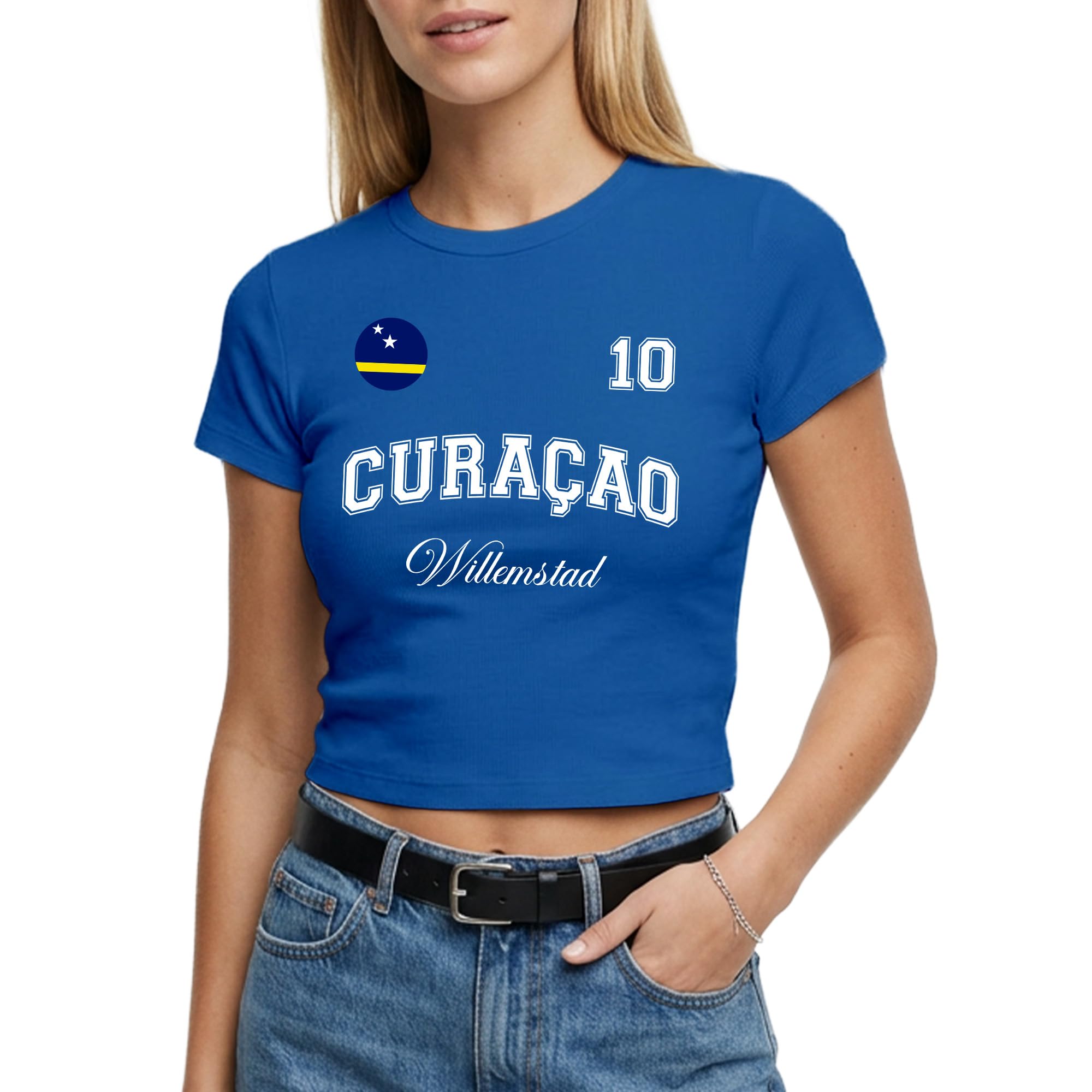 Womens Curacao Baby Tee - Custom City Name Number Badge Short Tshirt Top Supporter Fan Footie Top, S, Royal