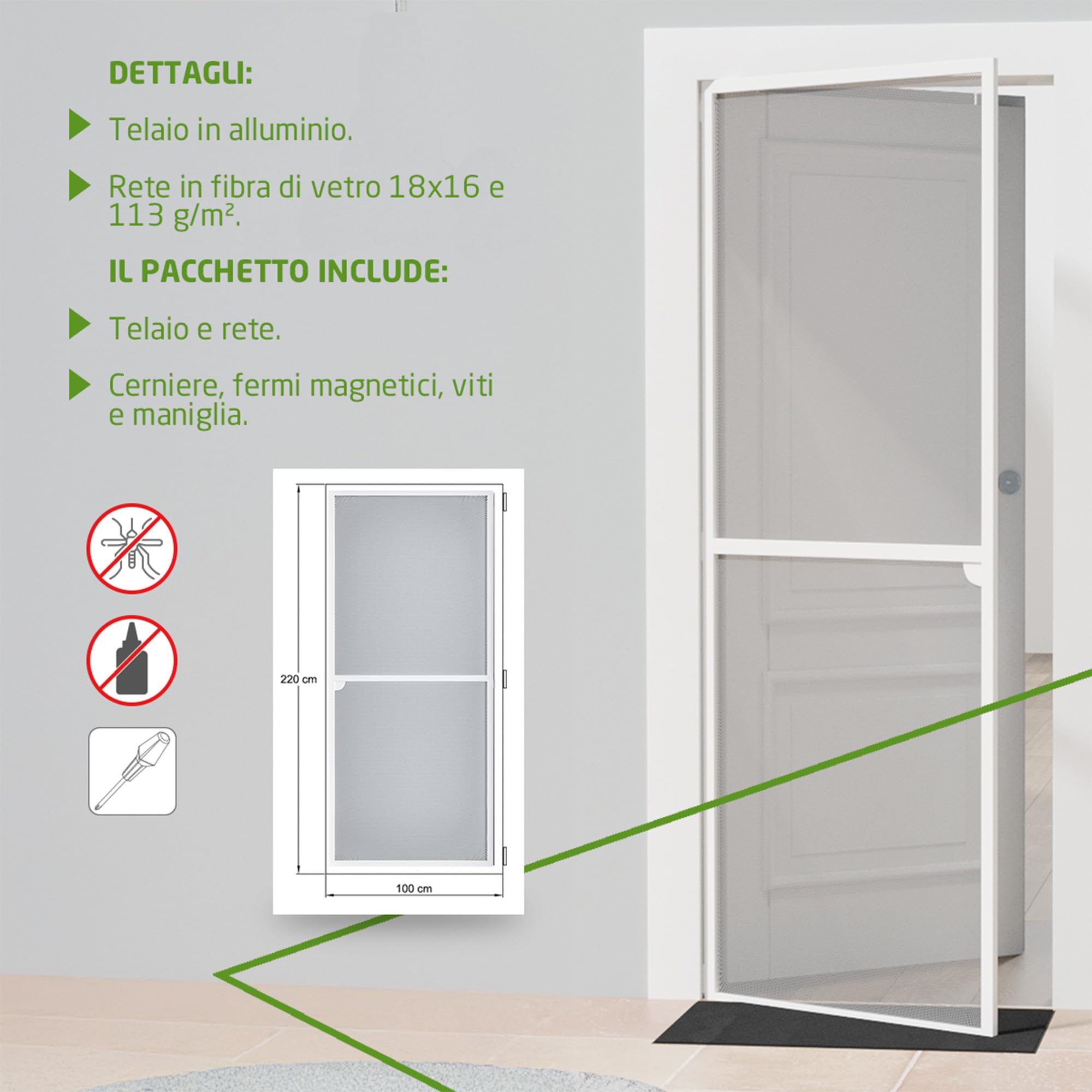 Amig Moskitiera do drzwi, 100 x 220 cm, skuteczna ochrona, regulowana, kompletny zestaw z ramą, siatką i akcesoriami, aluminium i włókno szklane, biało-szara, ochrona przed komarami