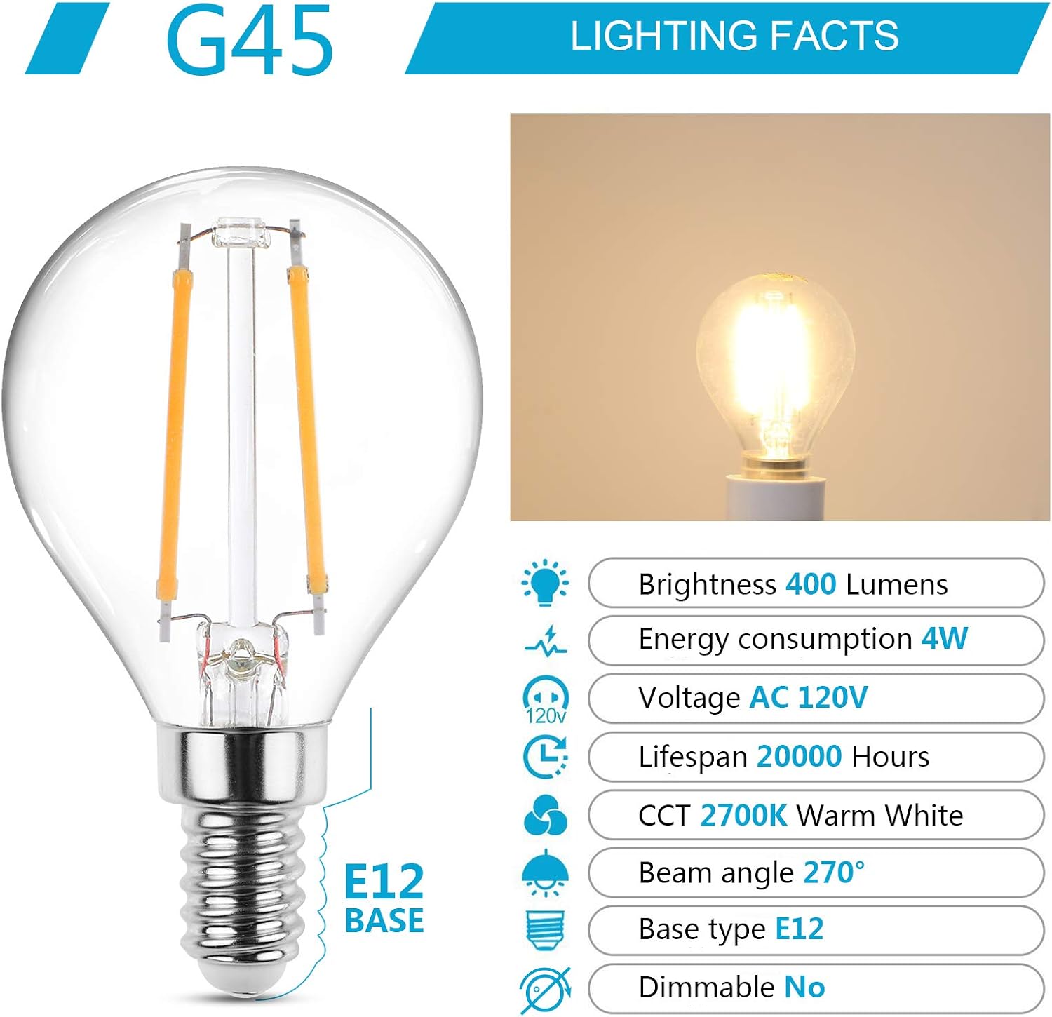 Ascher E12 LED Classic Candelabra Clear Light Bulb, 4W, Equivalent 40W, Warm White 2700K, Filament Clear Glass, Non dimmable / Pack of 5