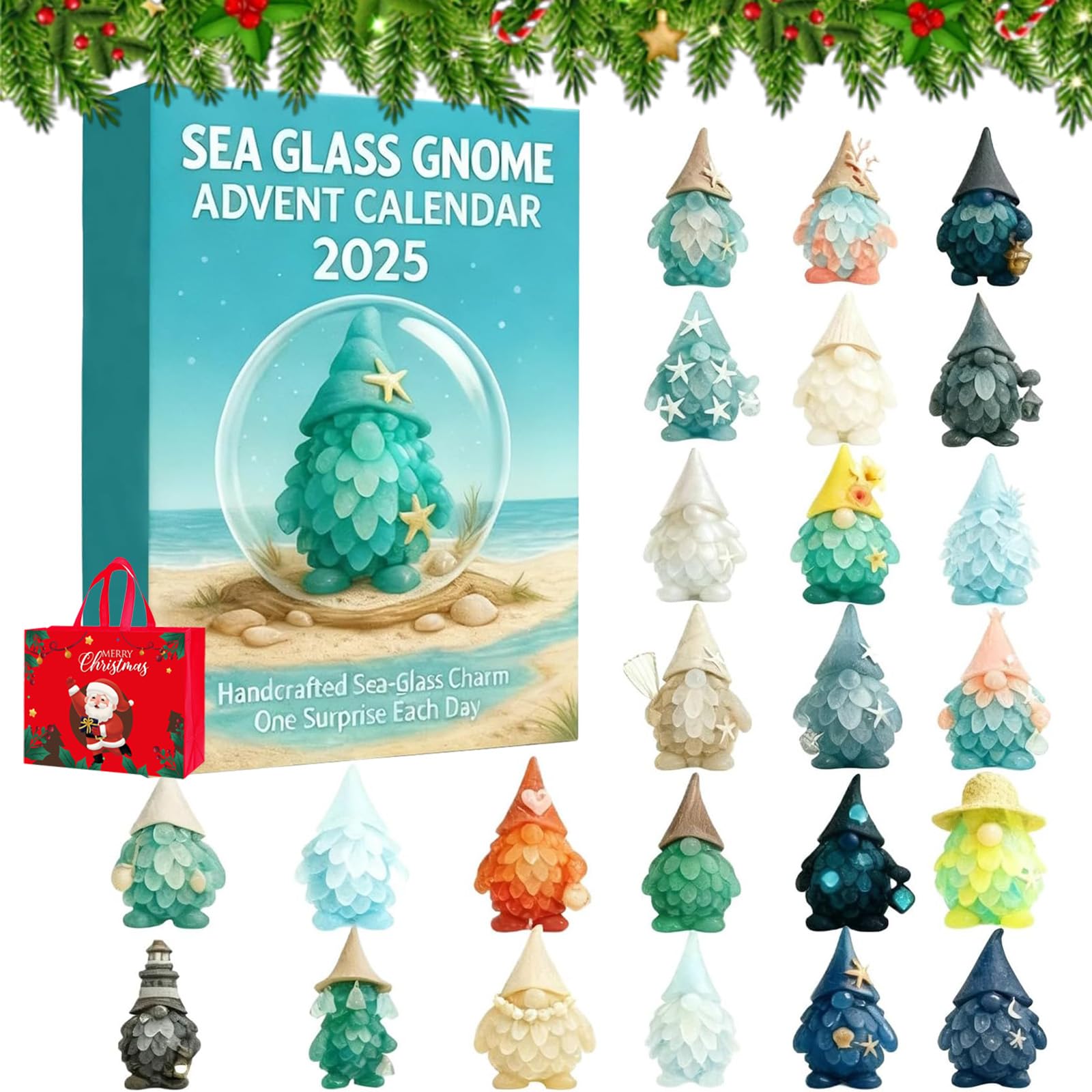 Christmas Gnome Advent Calendar 2025, 24 Days Christmas Sea Glass Countdown Calendar with 2D Acrylic Gnome Ornaments, Xmas Advent Calendars Holiday Festival Xmas Countdown Decor Gifts (1PC)