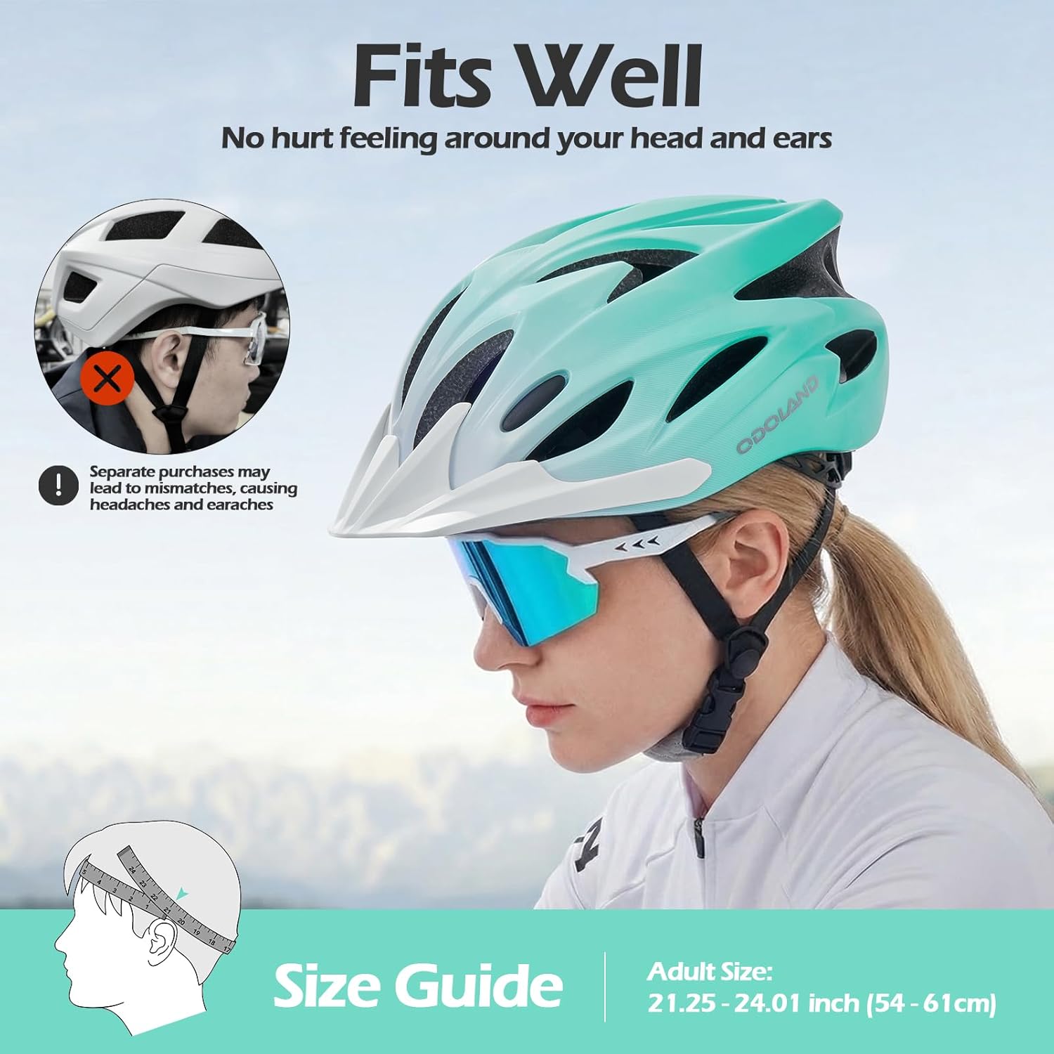 Odoland Adult Bike Helmet and Cycling Sunglasses Set for Men & Women, Safety Certified Bicycle Helmet with UV Protection Glasses for Mountain, Skating, Road, City Commuting & Outdoor Riding