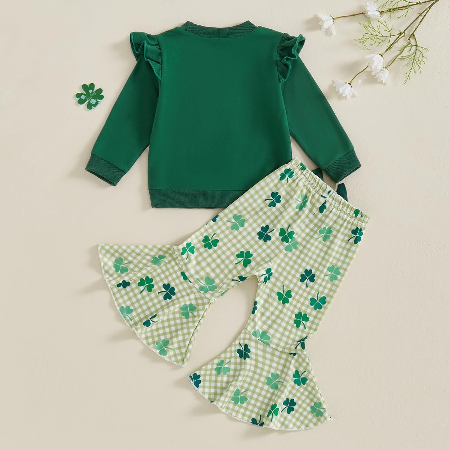 Toddler Baby Girl St Patricks Day Outfit Letter Clover Long Sleeve Sweatshirt Bell Bottom Pants Irish Clothes
