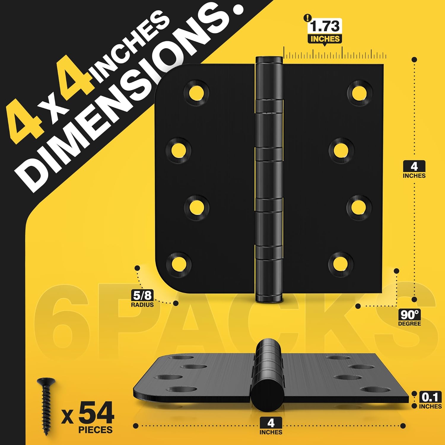 KOLET Ball Bearing Door Hinges, 4 x 4 Inches Black Door Hinges, Heavy Duty Stainless Steel Hinges, Square and 5/8'' Radius Corner, Smooth and Quiet, Non Removable Pin, Matte Black, 6 Pack