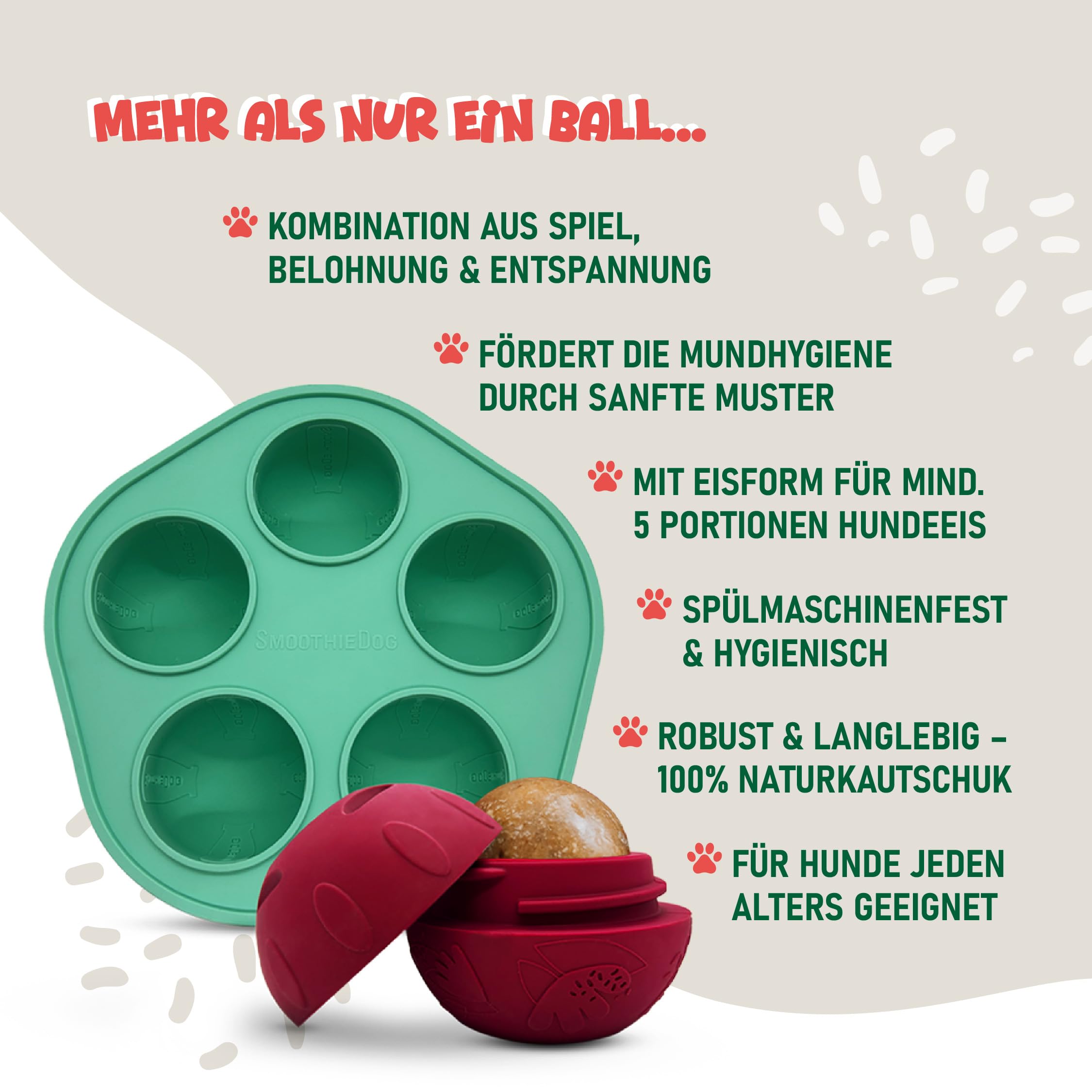 SmoothieDog Schleckball + SmoothieDog Hundesmoothie 6er Mix (250ml) - Schleckball für Hunde, Snackball, zur Beschäftigung, bpa frei, robust, befüllbar, zum einfrieren, spülmaschinenfest