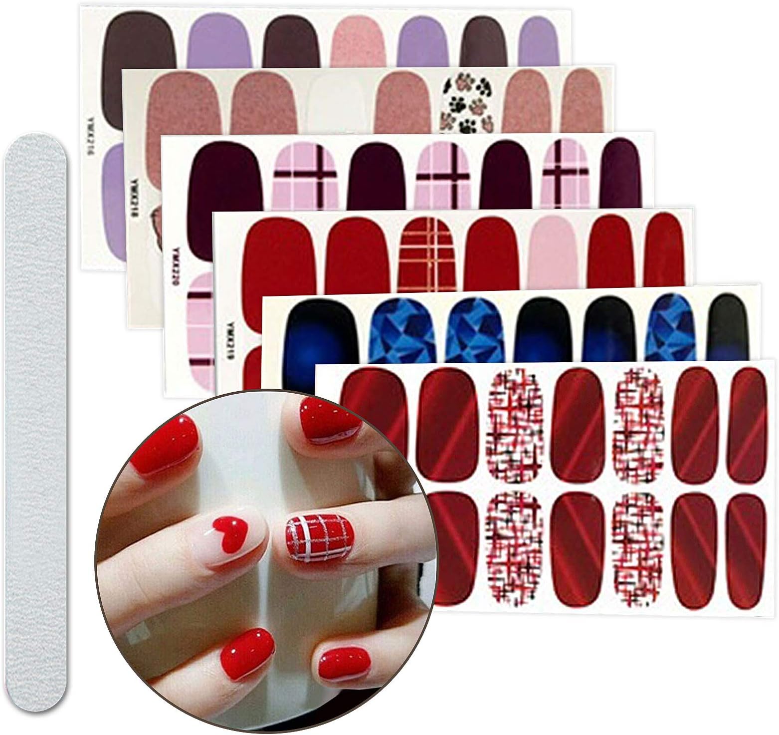 6 Sheets Full Nail Art Polish Stickers Strips Self-Ashesive False Nail Design Manicure Set With 1Pc Nail Buffers Files