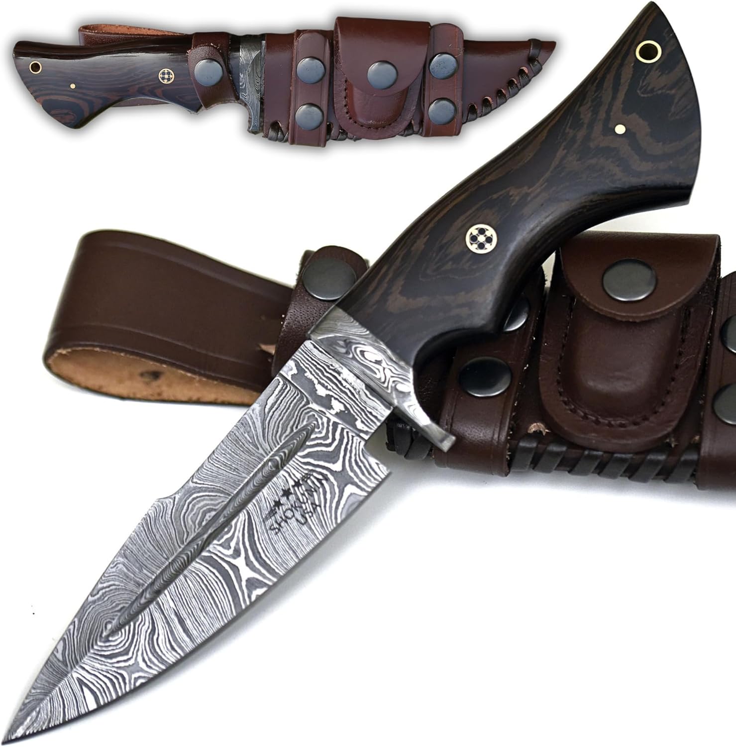 SHOKUNIN USA HawkEye Tactical Damascus Bowie Hunting Knife - Military Grade Short Bowie with Hidden Full Tang, Non-Slip Grip & Leather Belt Holster Sheath - Ultimate Hunting Gear