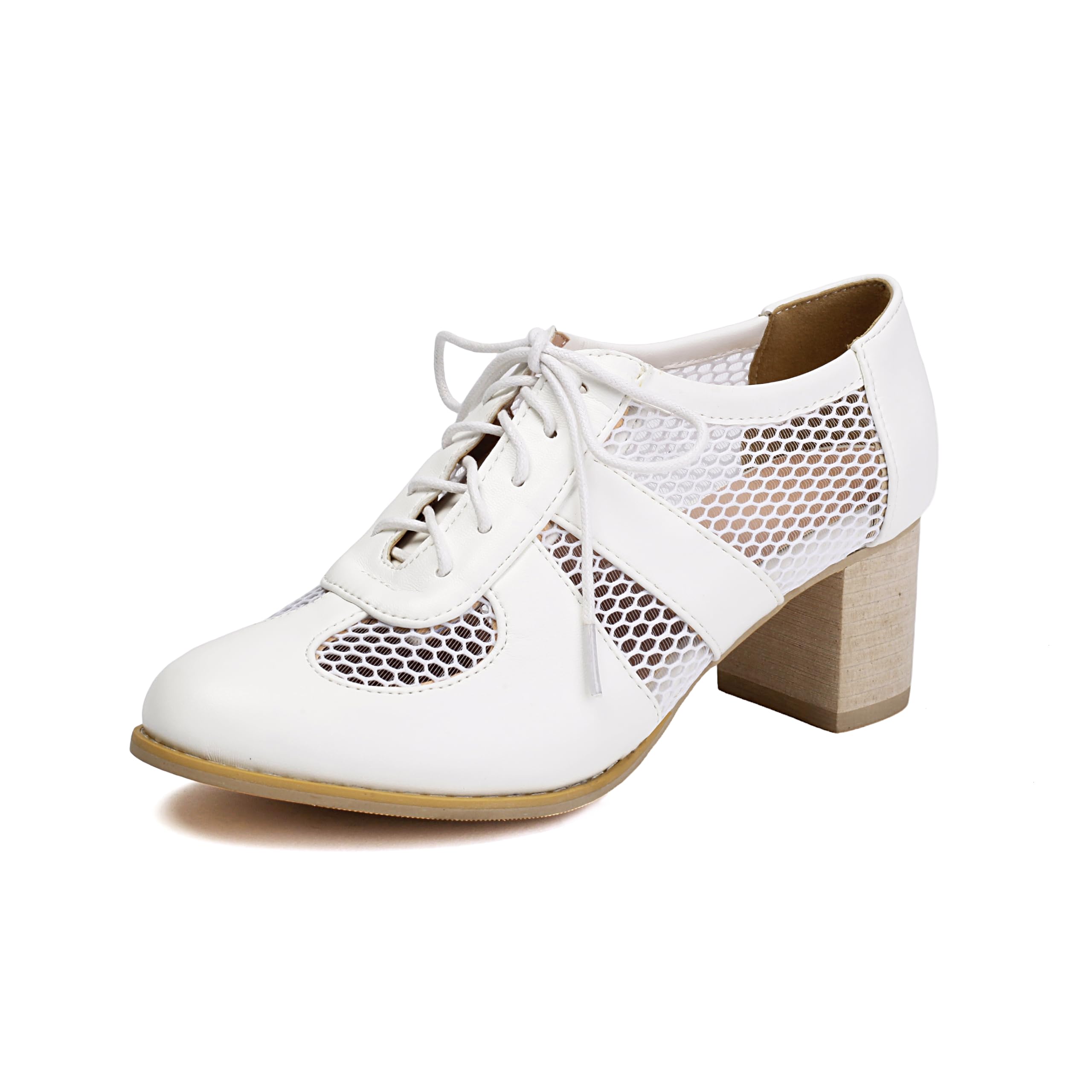 Womens Oxford Heels Mesh Cutout Lace Up Chunky Heels Wingtip Brogues Platform Pumps Shoes