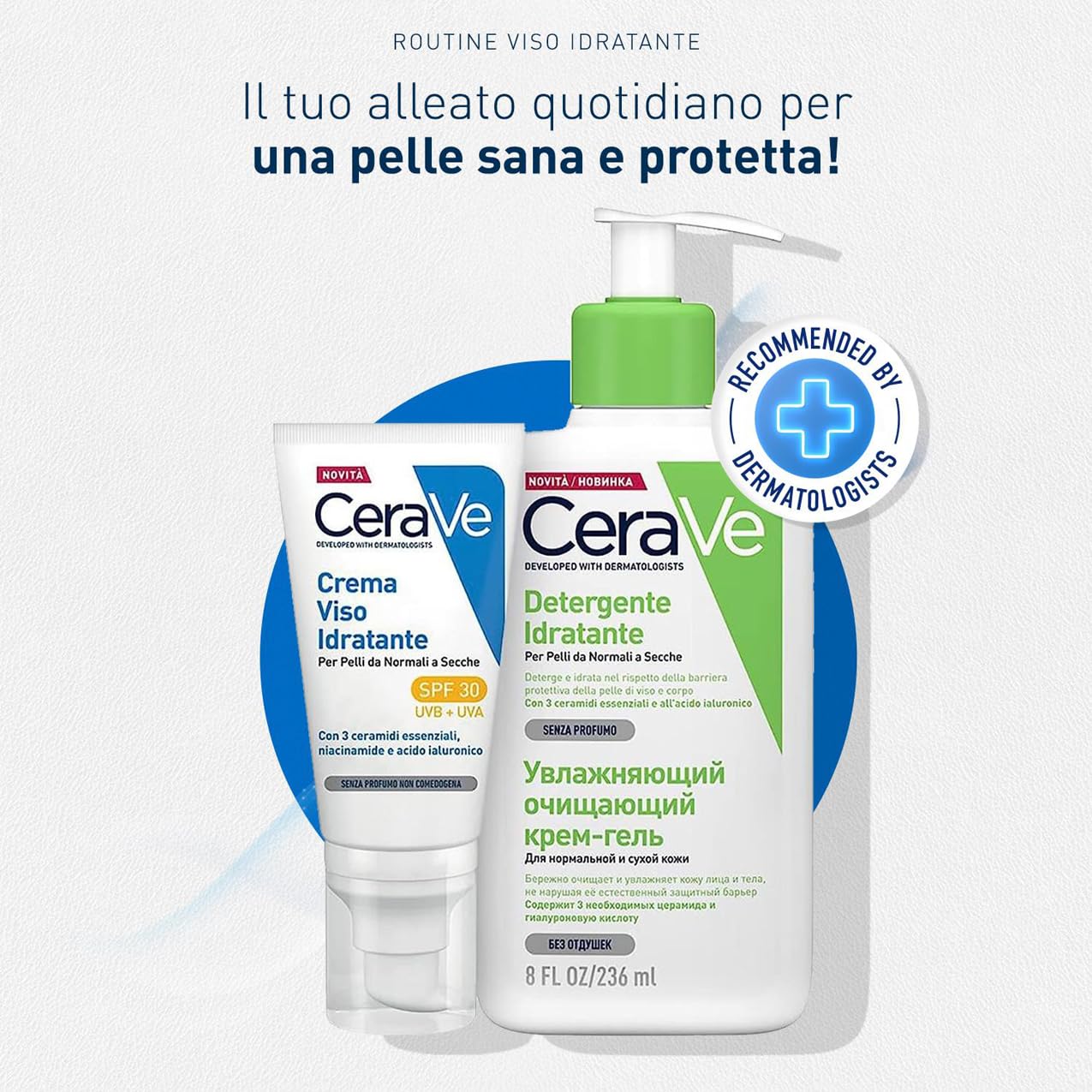 CeraVe Kit Skincare Viso, Detergente Idratante, Per Pelli da Normali a Secche, Con Acido Ialuronico, 236 ml + SPF 30, 52 ml
