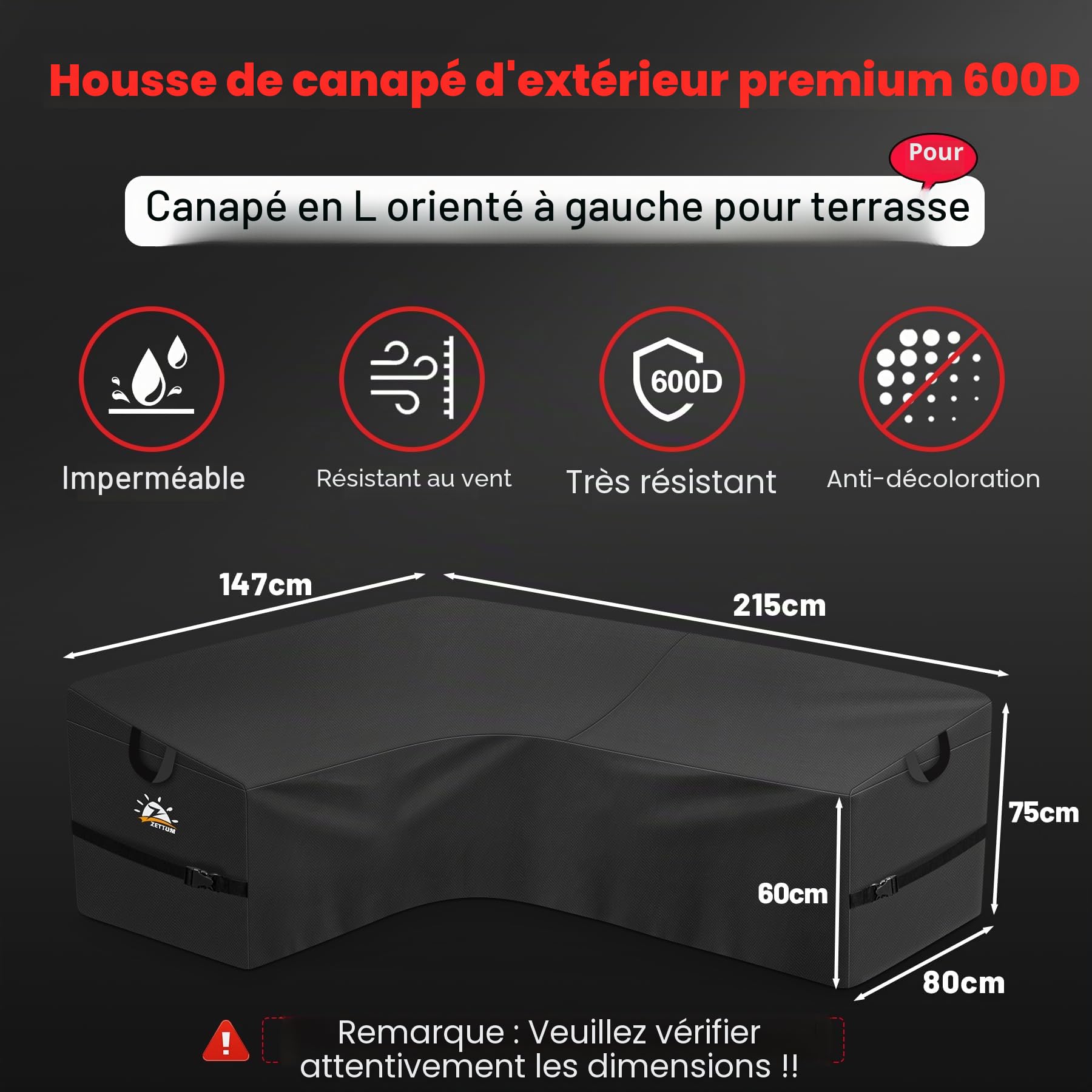 Zettum 147L x 215R x 80W cm Housse salon de jardin exterieur en forme de L pour extérieur – 600D Housse imperméable pour meubles, Housses pour mobilier de jardin, bache salon de jardin