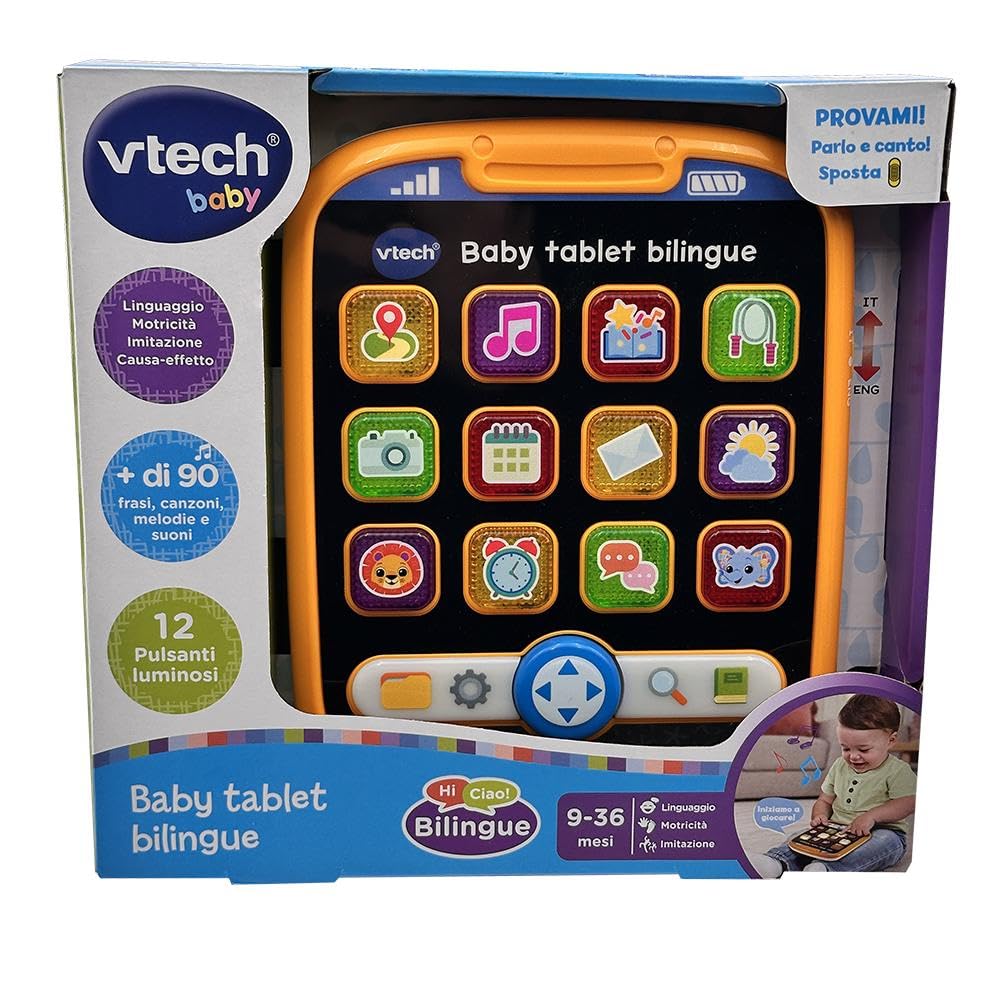 VTech Baby Tablet Bilingue, Tablet Bambini Educativo con 12 Tasti Luminosi con Applicazioni, 4 Frecce Direzionali, Lingua Italiana e Inglese, Batterie Incluse, 9-36 Mesi