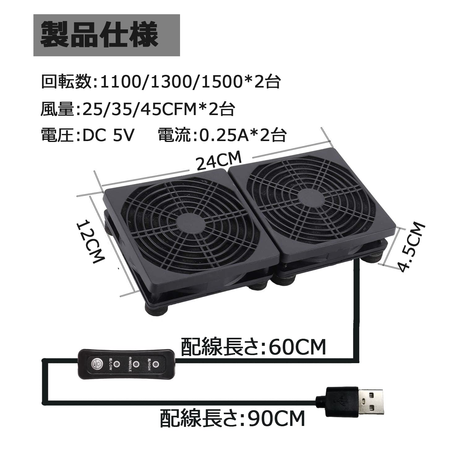 USBデュアル冷却ファン 静音タイプ・動作良好 Amazon | USB ファン 12cm 2連 静音 3段階風量調節 冷却クーラー 小型