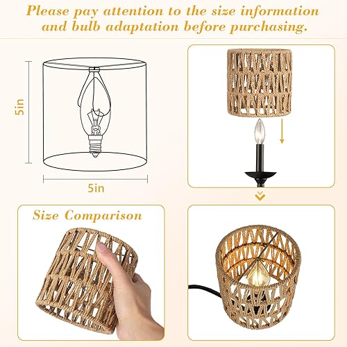 Vista 3 de 5.0 x 5.0in Chandelier Shades Set of 6, Small Rattan Lamp Shades Clip on Bulb, Boho Lamp Shades Replacement, Mini Cylinder Woven Lampshade, Clip on
