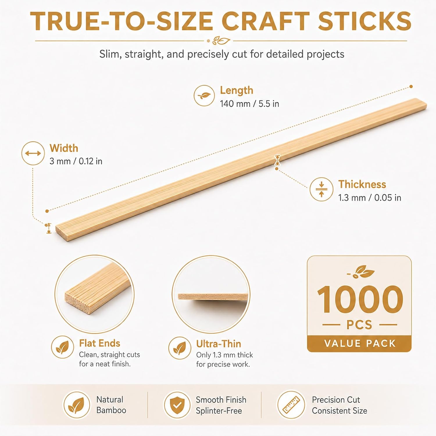 1000 PCS Craft Sticks - Wooden Sticks Bulk Classroom Supplies Wood Craft Sticks for DIY Projects, School STEM Activities, Flower Bouquet, Cake Pop and Wood Craft Supplies 5.5 Inch