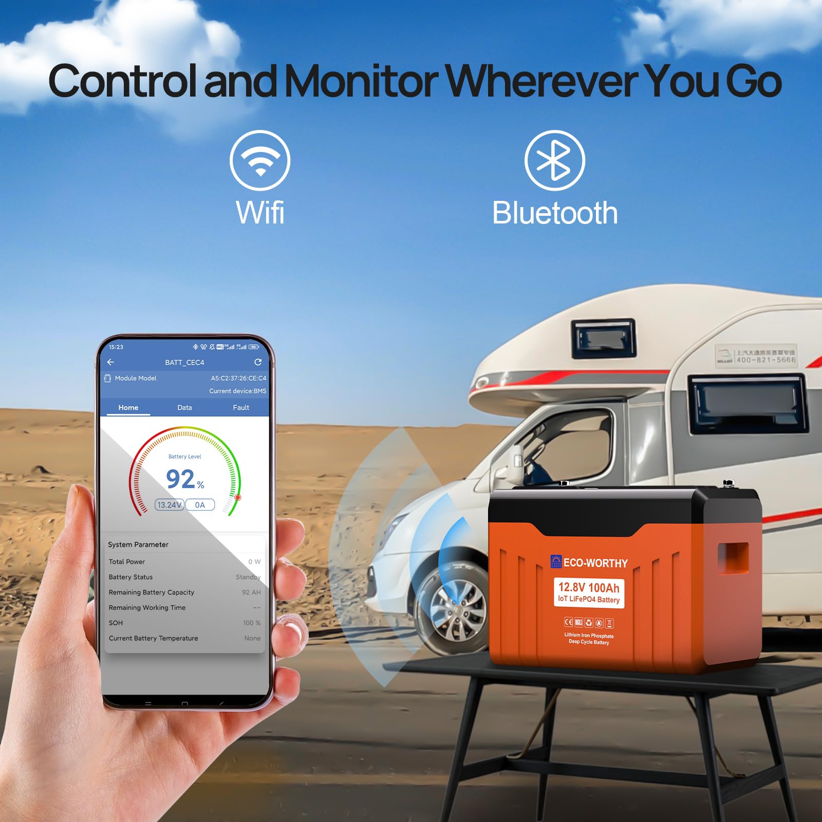 ECO-WORTHY Batterie Lithium 12V 100AH Bluetooth Batterie Lifepo4 avec Protection Basse température et 100A BMS,1280Wh Batterie pour Camping-Car, Panneau Solaire, Kit Solaire, Bateau, Moteur Trolling