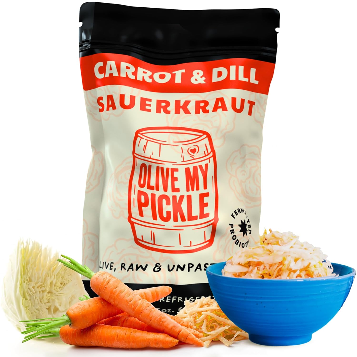 Olive My Pickle Fermented Sauerkraut - 16 Ounces | 1-Pack Bundle of Probiotic Carrot and Dill Sauerkraut with Natural Probiotics for Gut Health - Great for Sandwiches, Salads, Asian Dishes, and Meat