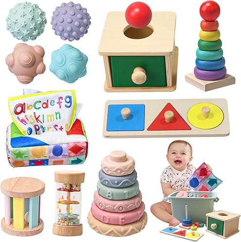 Juguetes Montessori para bebés de 6 a 12 meses, 1 año de edad, juego educativo de aprendizaje 8 en 1, juguetes sensoriales de madera para bebés de