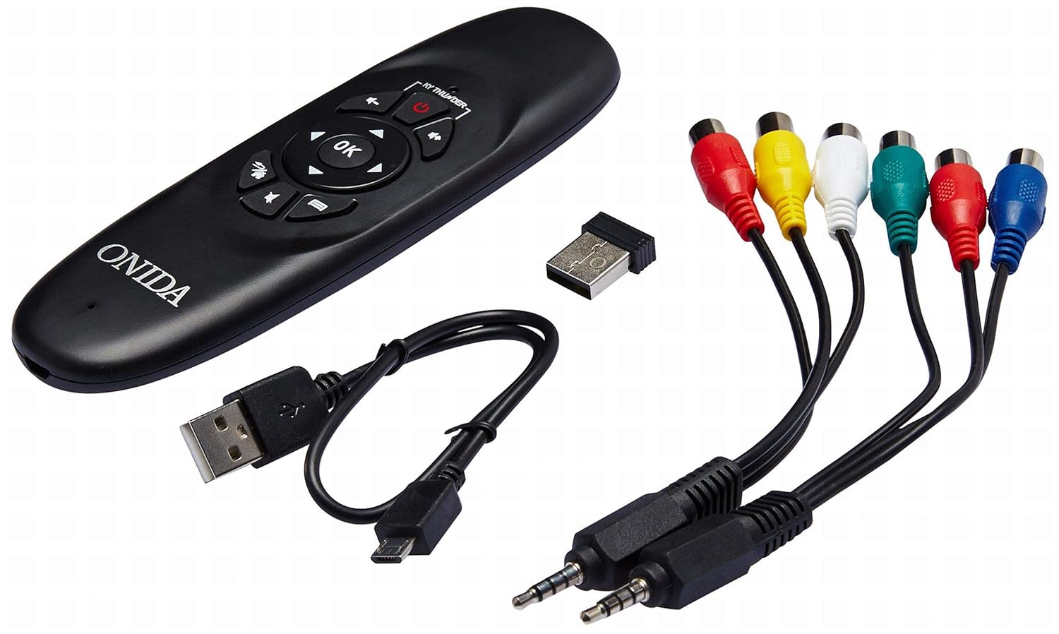 Onida TV accessories including remote control and cables