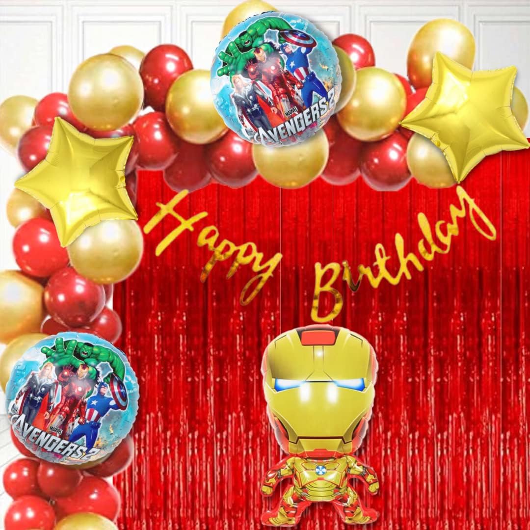 Party town Ironman theme decoration combo for boys and girls theme birthday party with Metallic balloons | Ironman foil balloons | Star foil | Balloon arc | Glue dots - (Pack of 70) (Ironman)