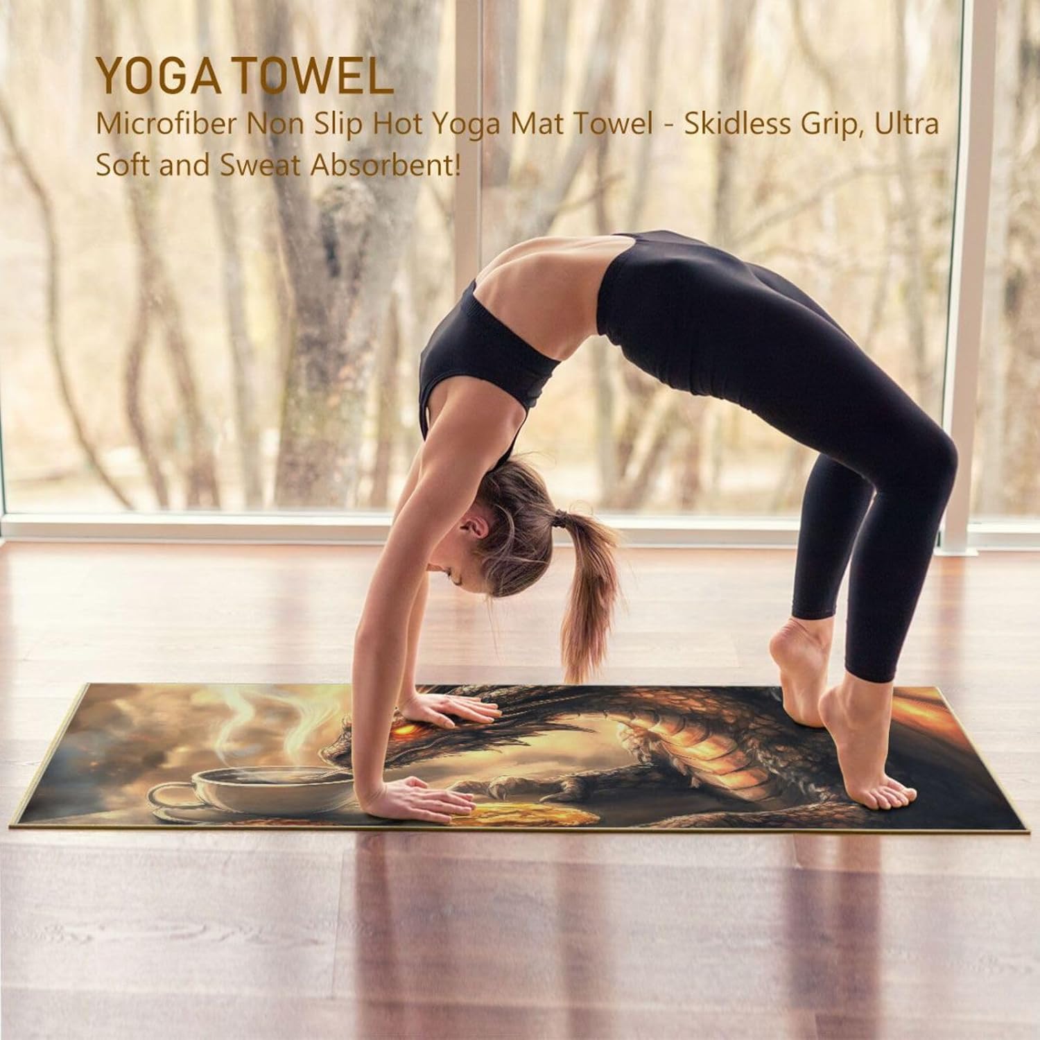 Dragon Coffee Hot Yoga Towel – Stylish, Non-Slip, Grip Dot, Super Absorbent, 27" x 73" - Yoga Mat Towels for Exercise, Fitness