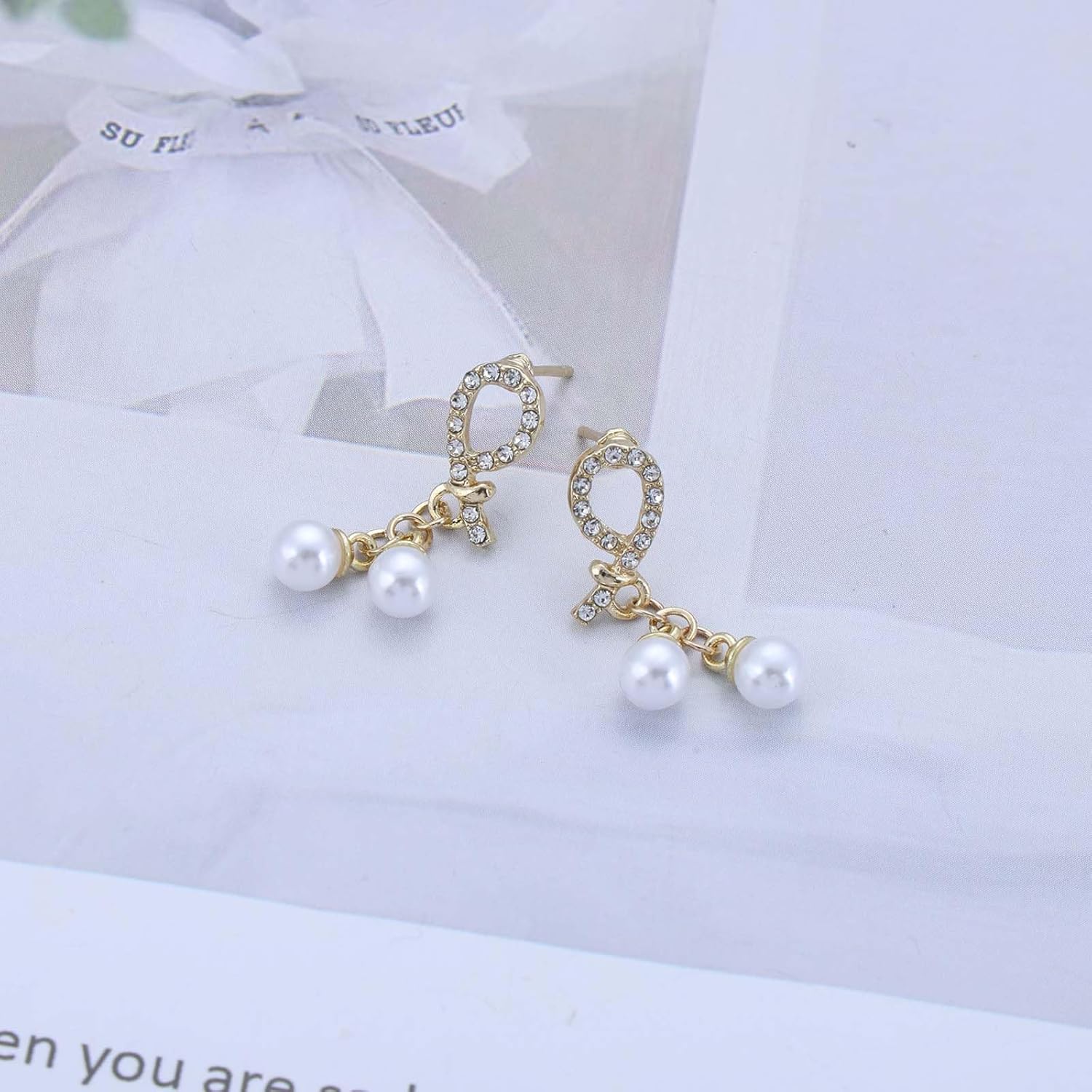 Bohemian Crystal Pearl Tassel Dangle Earrings Gold Cz Paved Knot Stud Earrings Round Pearl Chain Drop Earrings Rhinestone Bow Pearl Earrings Jewelry for Women - Image 4