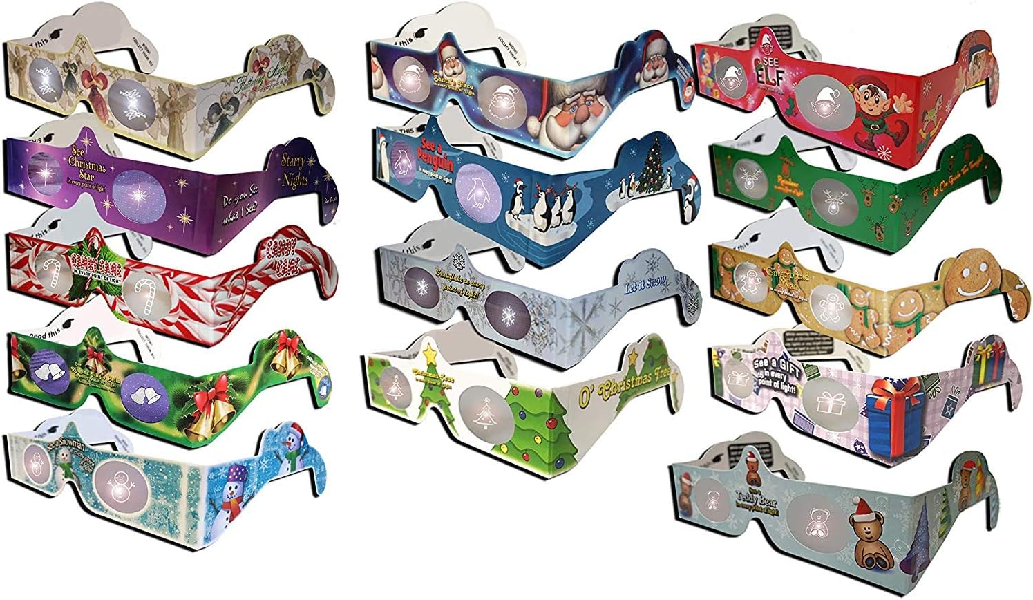 HolidayEyes(R) 22 Pairs - 3D Christmas Glasses - 15 Different - Nutcracker - Teddy Bear - Jingle Bells - Santa - Snowman - Angel and much more