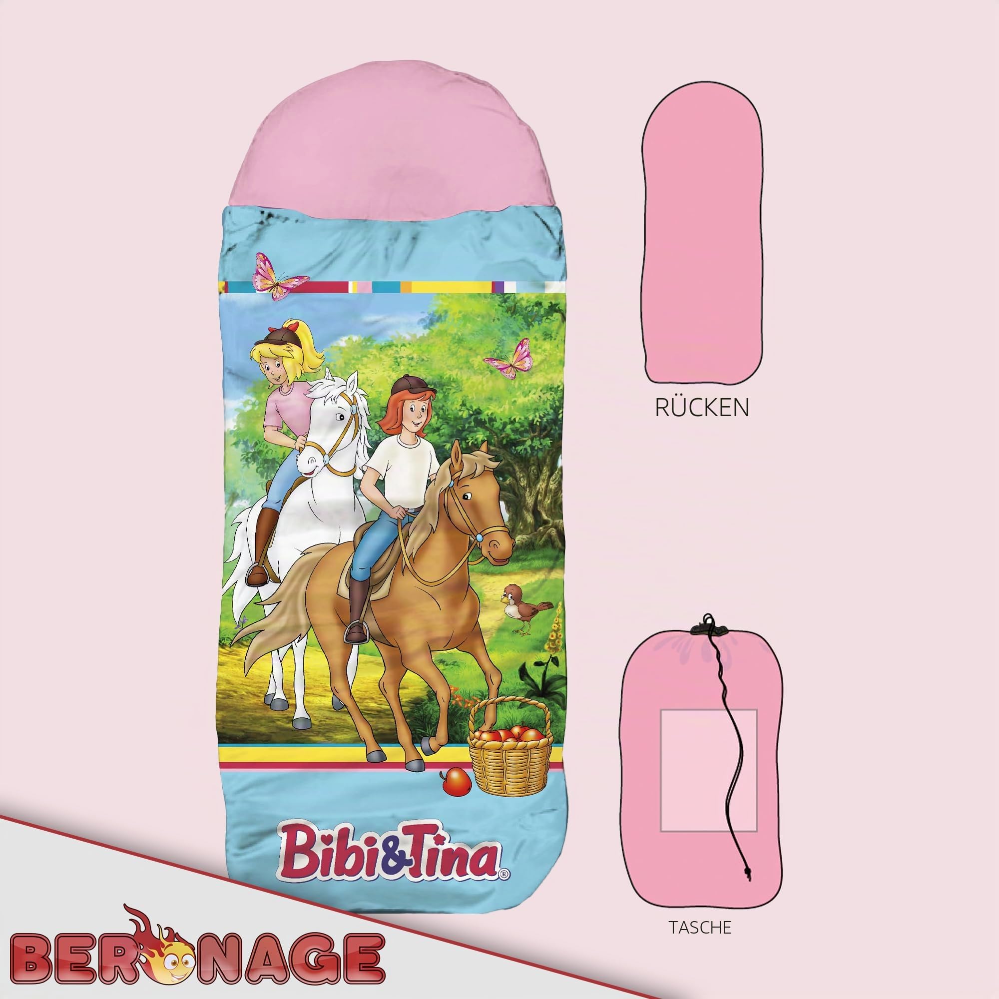 Bibi und Tina Kinder-Schlafsack – Freunde Blau/Rosa 140 cm + 30 cm (Kapuze) x 70 cm, ideal für Outdoor/Indoor, Mumienschlafsack für Mädchen mit den Pferden Sabrina & Amadeus mit Reißverschluss