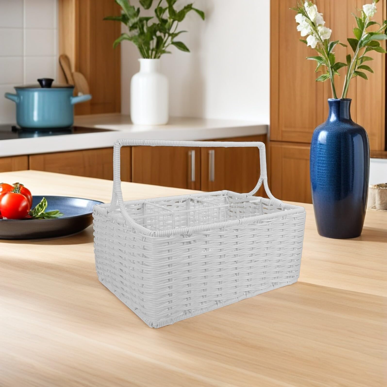 VALICLUD Cesta Tejida de Color Claro con Asa y Divisiones para Cubiertos | Plástico E Hierro, Forma Rectangular, Diseño con Varios Compartimentos, Cocina y Comedor