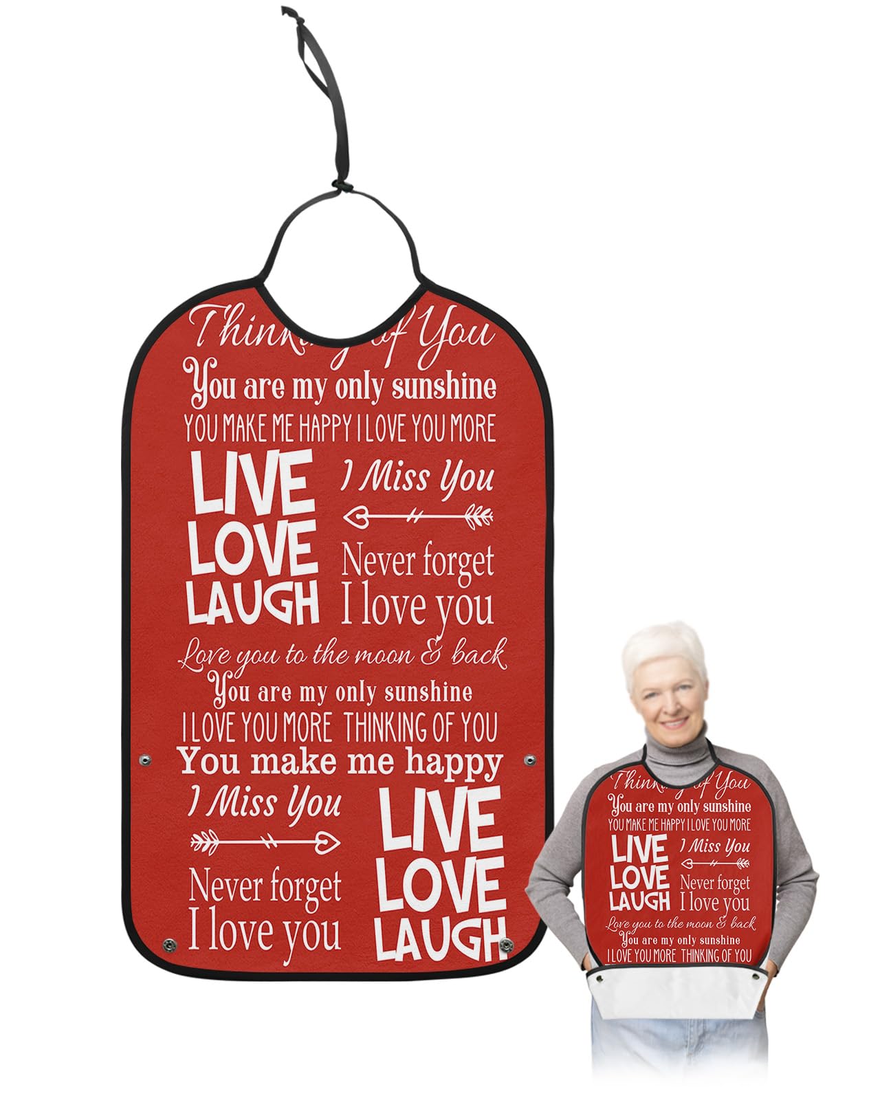 Red Backdrop Live Love Laugh Adult Bibs for Eating, Waterproof Bibs with Food Catcher & Adjustable Snap Closure, Friendship Love with Words Clothing Protectors Adult Bibs for Elderly Women/Men