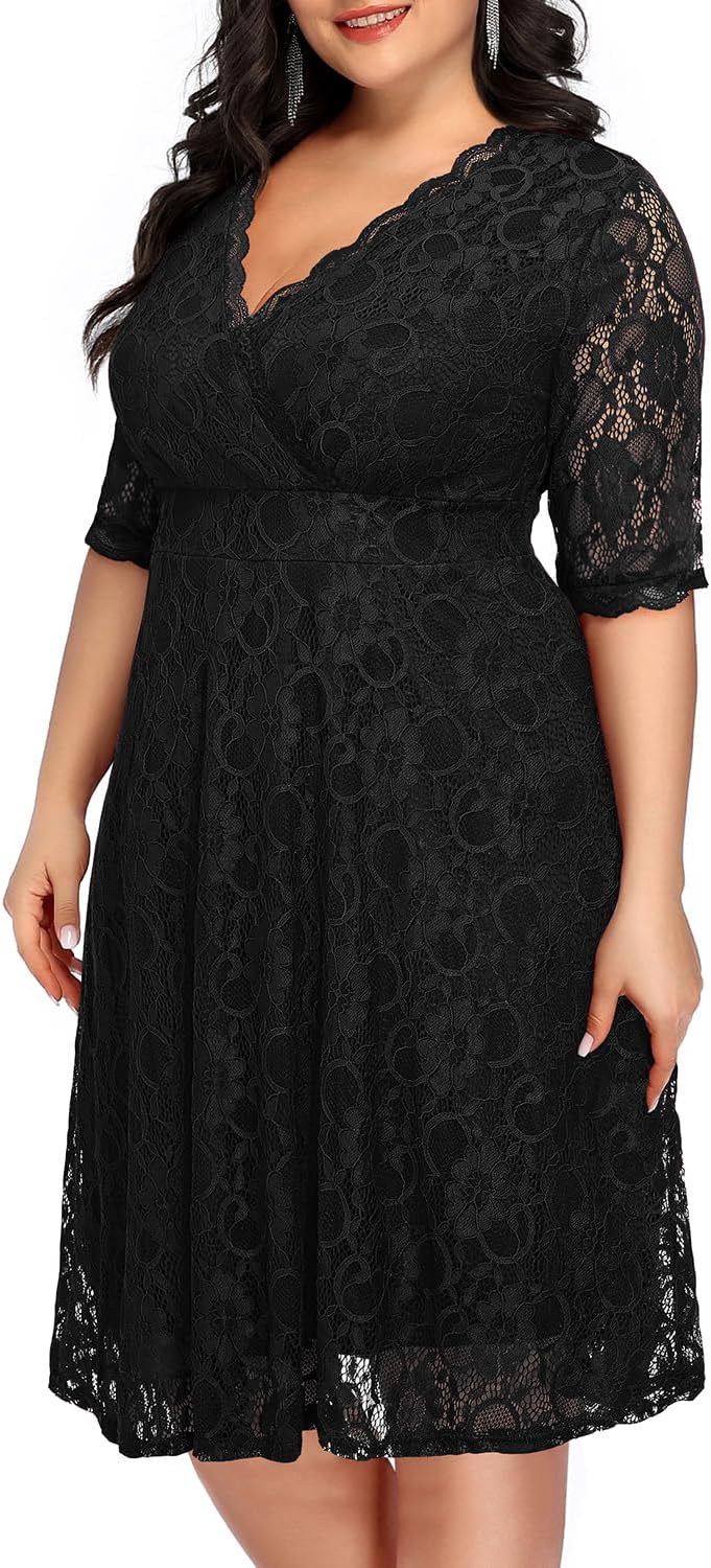Women's Plus Size Wedding Guest Cocktail Party Semi Formal Lace Wrap V Neck Knee Length Dress - Image 4