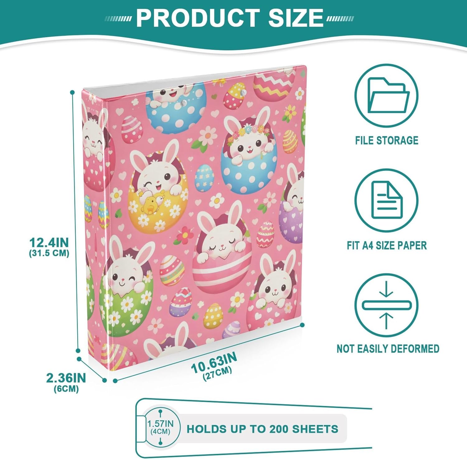 Cartoon Easter Bunny Eggs 3 Ring Binders, 1.5” Round Ring Binders with Clipboard - Letter Size, 3 Interior PVC Clear Pockets & Anti-Slip Clip for Office School Supplies, 2PCS