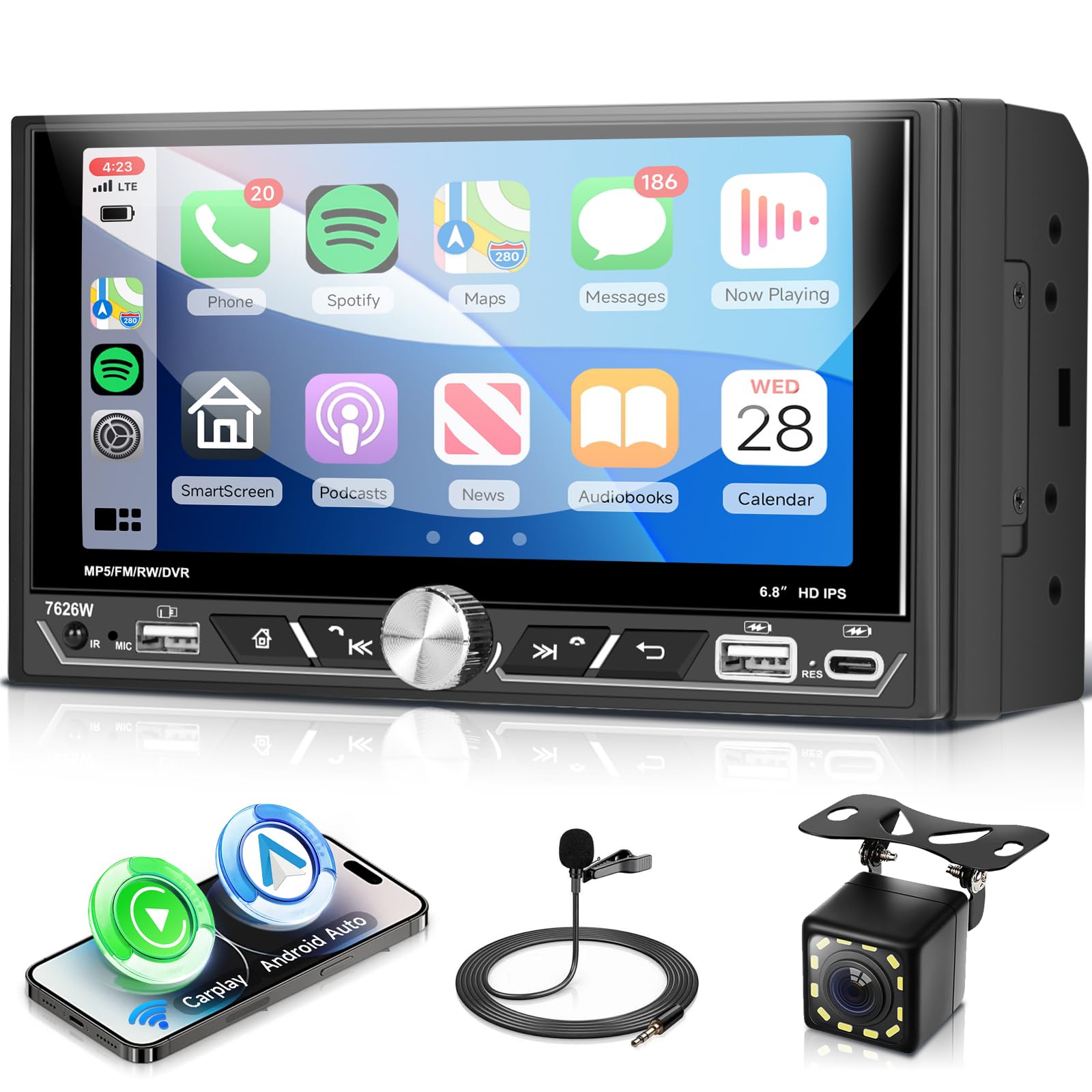 VECHTEL Radio de Coche 2 DIN con CarPlay Android Auto Inalambrico, 6,8 Pulgadas IPS Pantalla Táctil Auto Radio Soporte Bluetooth FM/Am/RDS 2USB/Tipo-C Controles en el Volante Mando a Distancia Cámara