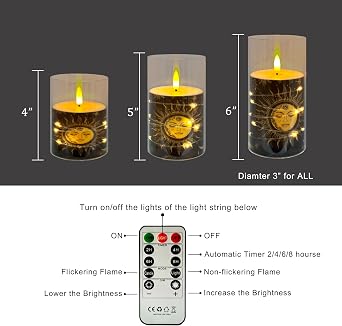 Flickering Flameless Candles Black Moon and Sun, Embedded Star String Lights, Battery Operated Acrylic LED Pillar Candles with 11-Key Remote and Timer for Home Decoration, 3 Pack