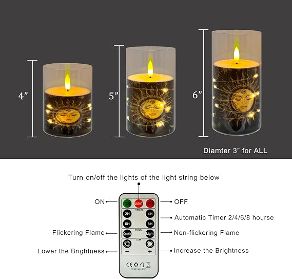 Flickering Flameless Candles Black Moon and Sun, Embedded Star String Lights, Battery Operated Acrylic LED Pillar Candles with 11-Key Remote and Timer for Home Decoration, 3 Pack