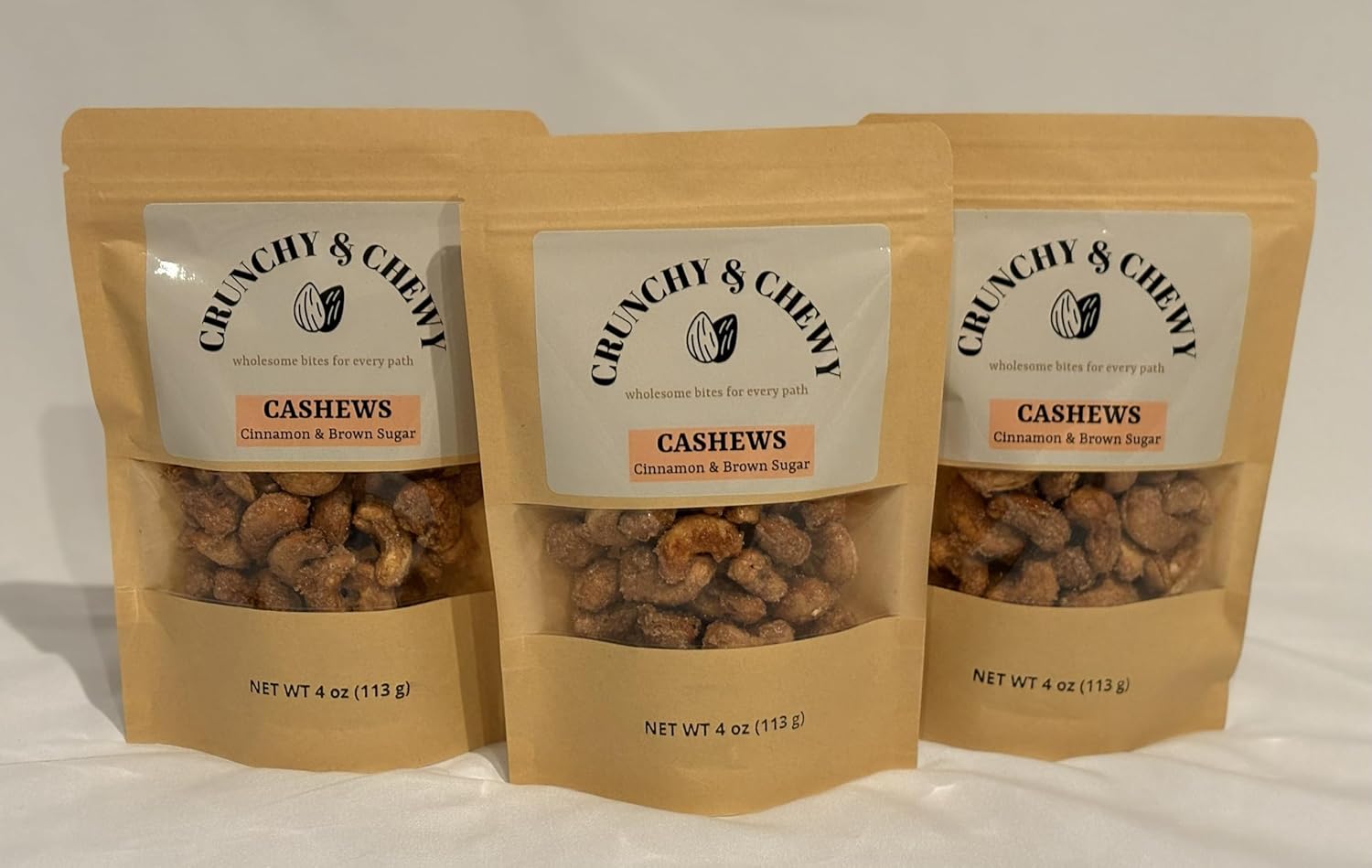 Crunchy & Chewy Handcrafted Candied Pecans/Almonds/Cashews, Cinnamon & Brown Sugar (8 oz x 3 Variety Pack)