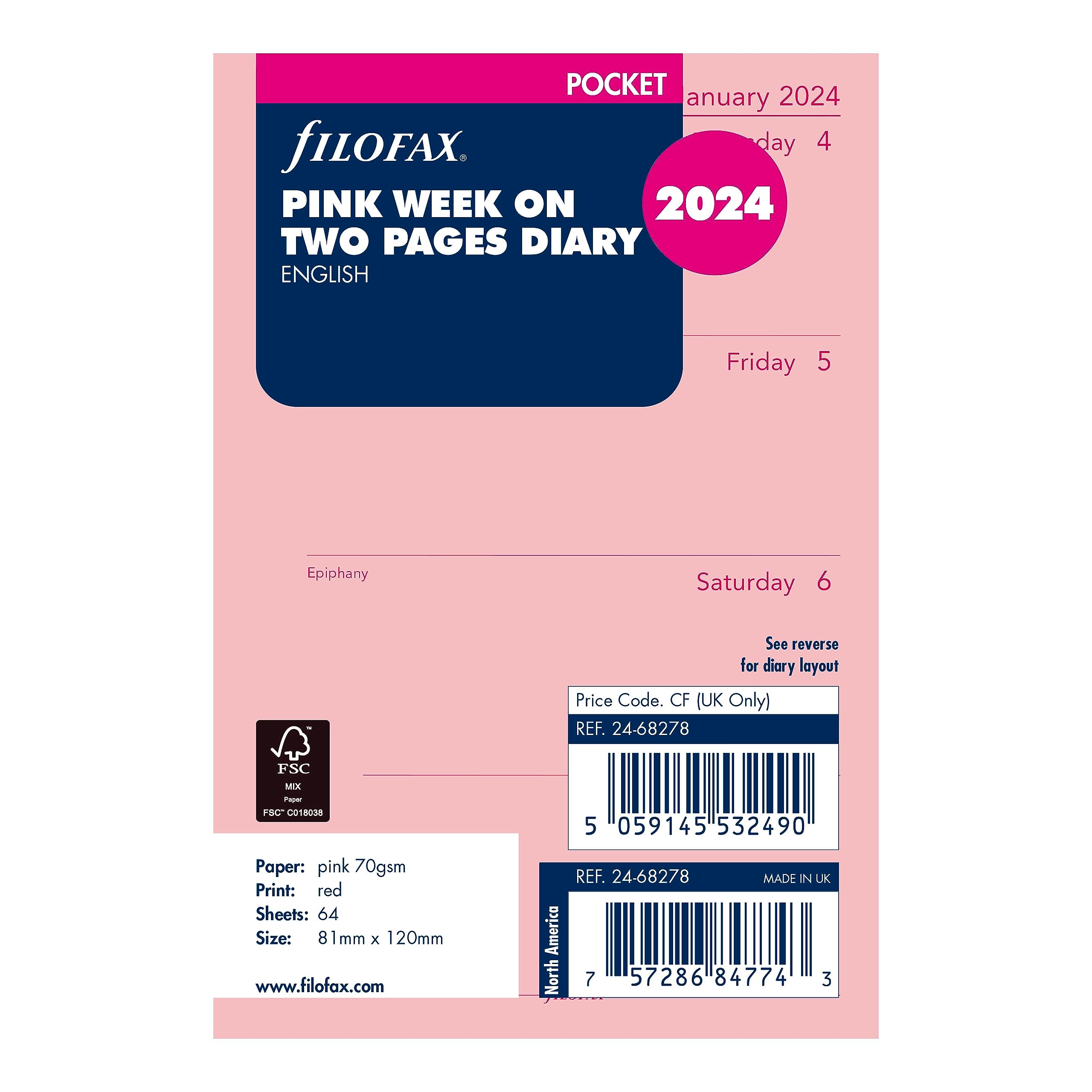 Filofax Ricarica agenda per calendario, formato tascabile, visualizzazione settimanale, carta rosa, senza righe, inglese, C68278-24