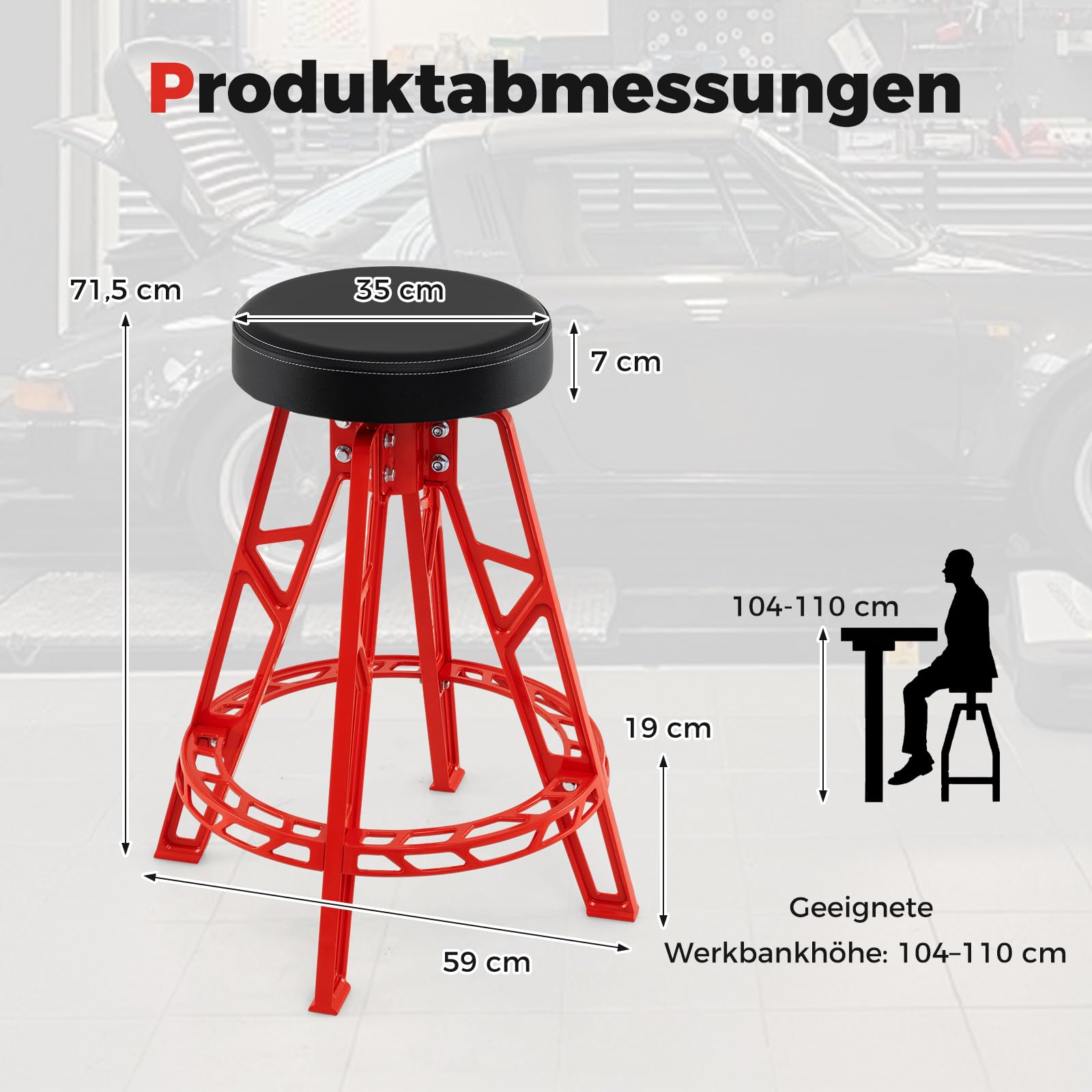 COSTWAY Werkstatthocker Hoch, Werkstattstuhl mit 360° drehbarem Sitz & Fußstütze, Werkstatt Hocker gepolstert aus Aluminiumlegierung bis 181 kg belastbar, Mechanikerhocker Werkstattsitz für Garage
