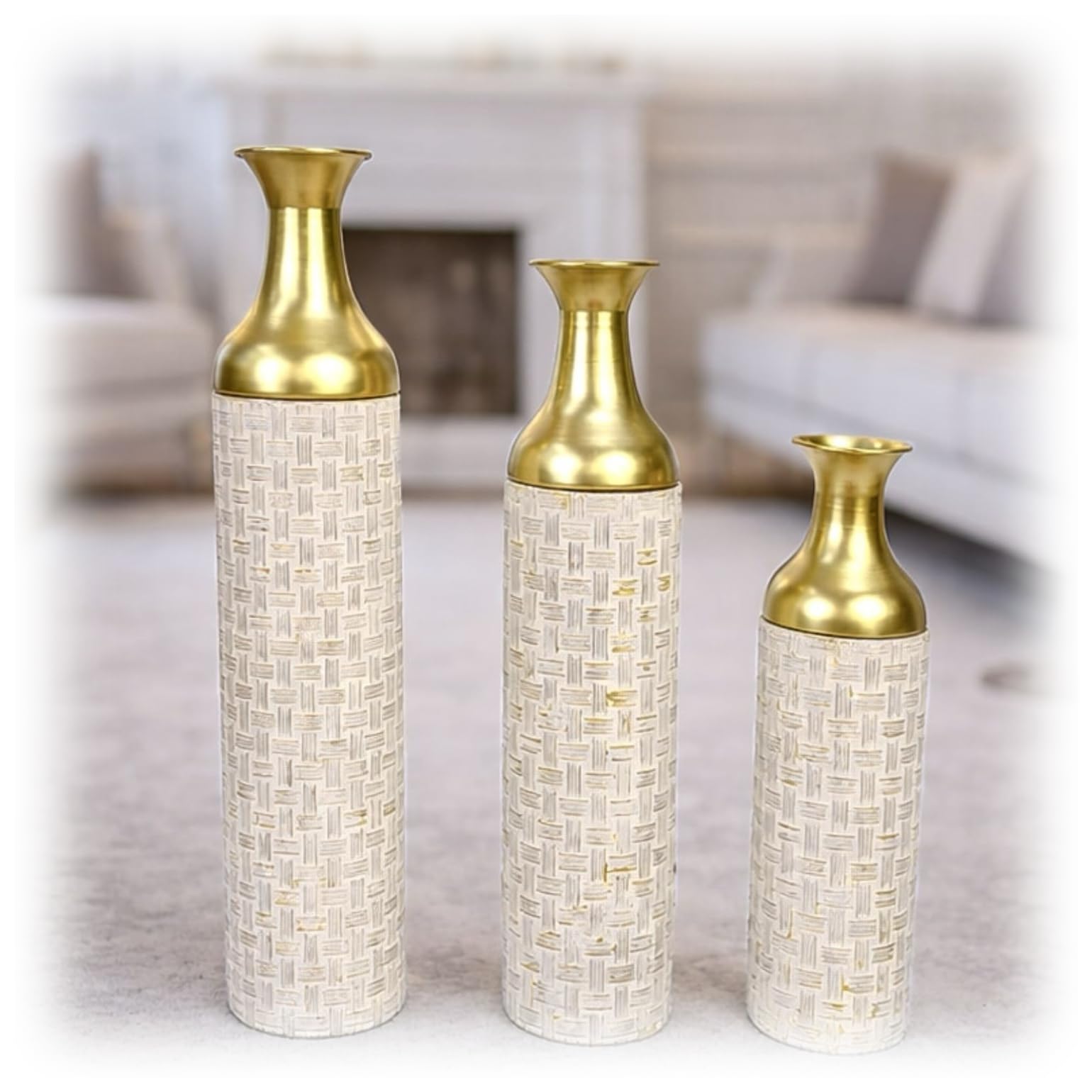 Leewadee Set of 3 Large Floor Vases Metal for Pampas Grass