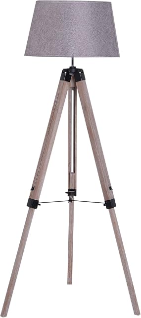 HOMCOM Wooden Adjustable Tripod Free Standing Floor Lamp Bedside Light E27 Bulb Compatible, 99-143cm, Grey