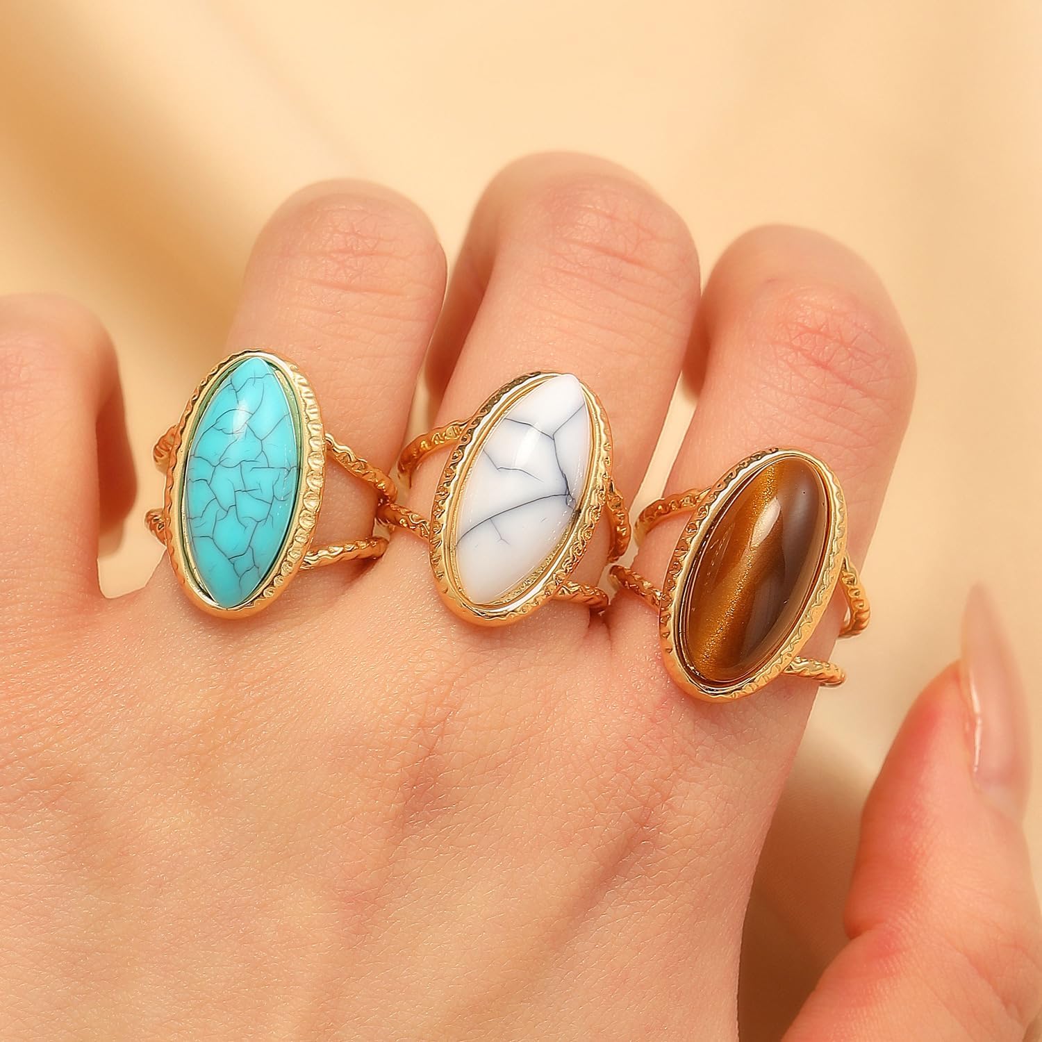 Boho Oval Turquoise Open Statement Knuckle Rings 3 Piece Set for Women Stackable Vintage Green White Brown Natural Gemstone Adjustable Midi Thumb Finger Band Ring Bohemian Western Jewelry Accessories - Image 2