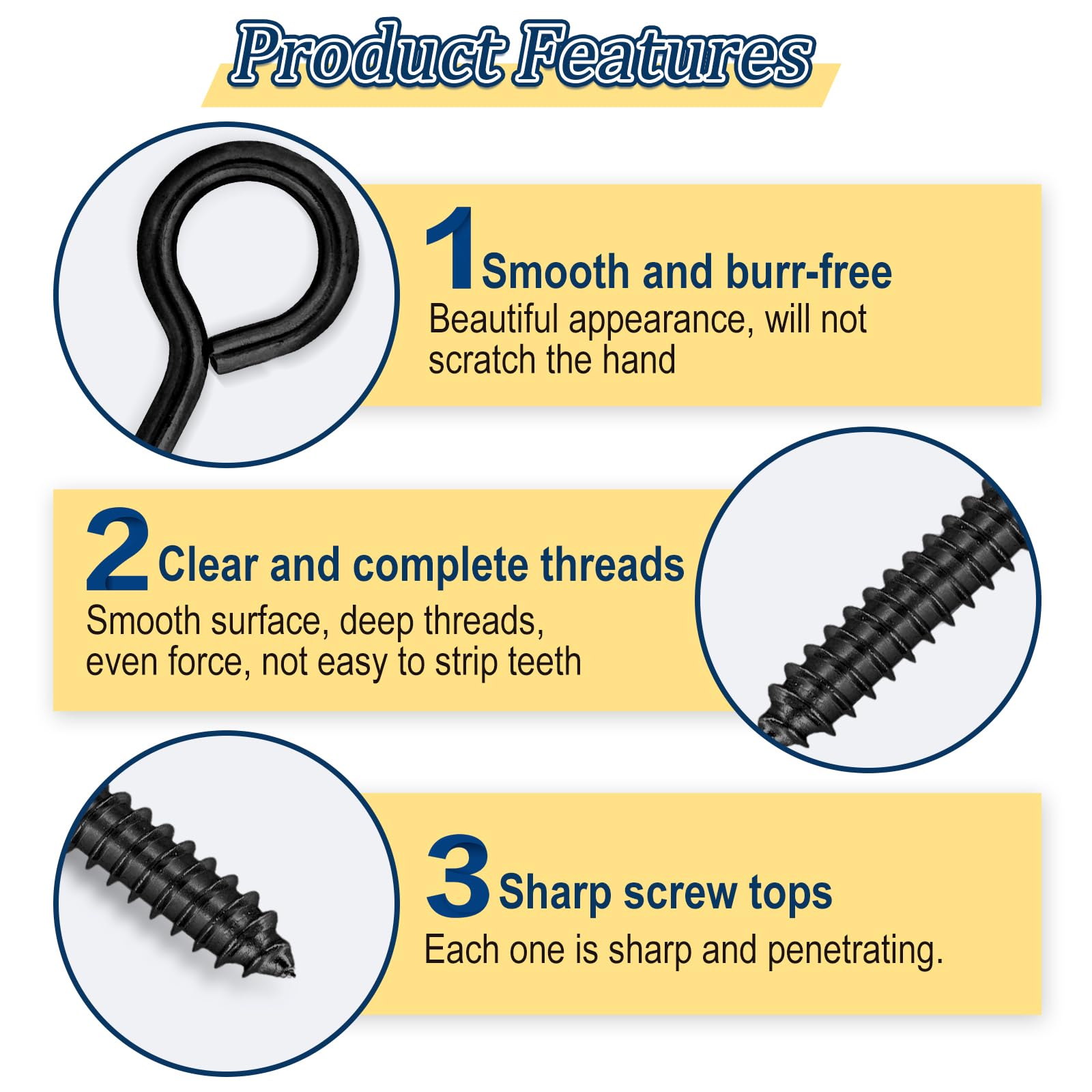 Vifmy Screw Eyes Assortment Kit(195Pcs),0.75" 0.78" 0.90" 1" 1.1" 1.18" 1.39" 1.57" 1.75" Zinc Plated Eyelet Screws,Metal Small Tapping Screw Hooks Ring,Black - Image 3
