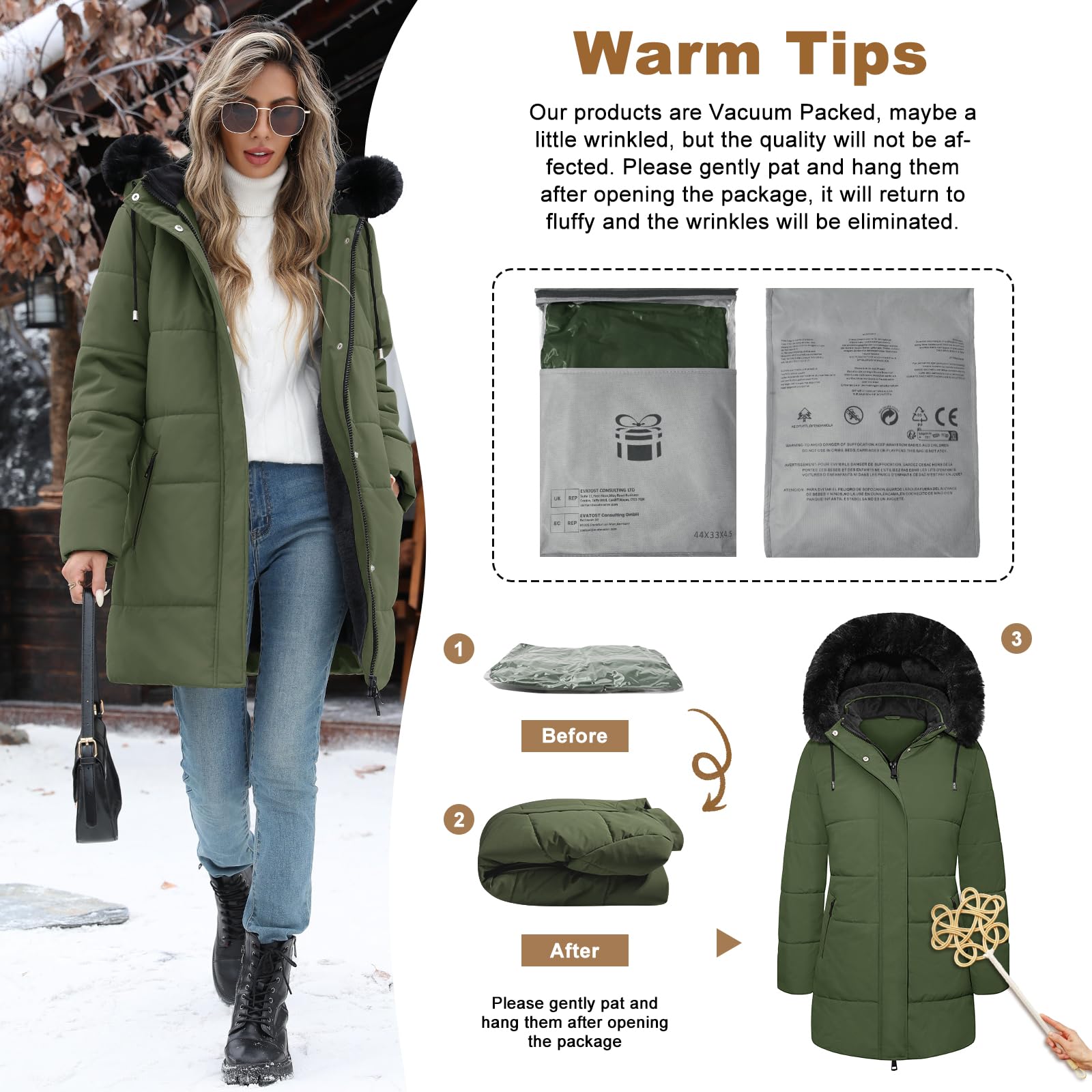 Piumino Donna Invernale Lungo Giacca Imbottito Giubbotto in Pile Caldo Cappotto Elegante Giubbino Parka Trapuntato Outwear Sport con Zip Tasche Cappuccio Rimovibile in Pelliccia