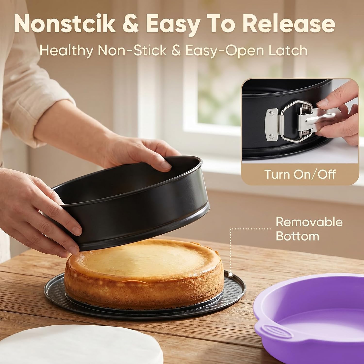 3 Pcs Springform Pan Set, 5 7 9 Inch Nonstick Spring Form Pan, Leakproof Cheesecake Pan with Silicone Protector & 50Pcs Parchment Paper, Removable Bottom Cake Baking Pans for Home Restaurant Bakery