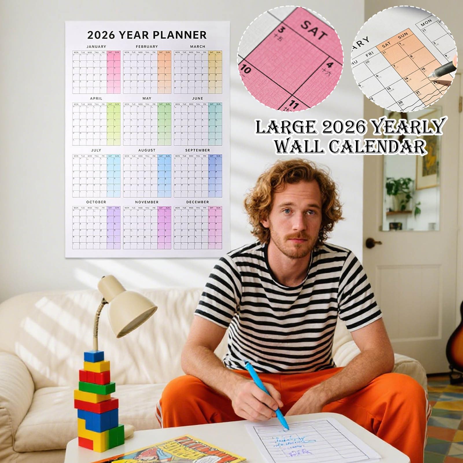 Calendario De Pared Anual 2026 - Organizador Mensual de 12 Meses con | Grandes Casillas | Diseño Vertical Colgante | Para Entornos Versátiles Como Hogar Oficina Aula Y Estudio