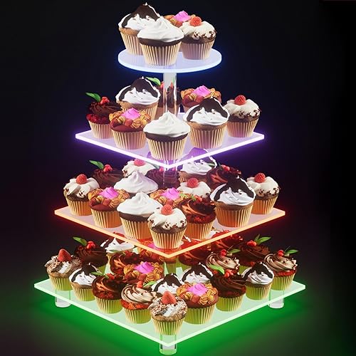 Soporte acrílico para cupcakes, 4 niveles recargable LED para postres, torre de cupcakes para Halloween, Navidad, boda, fiesta, baby shower y