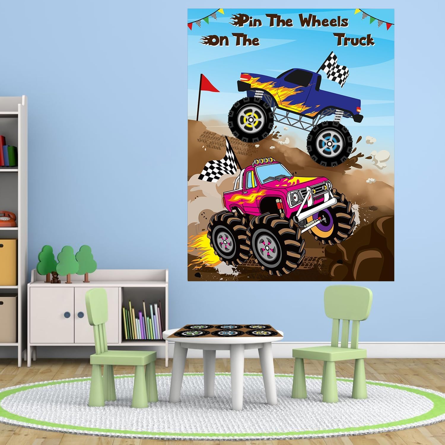 ANGOLIO Blindfold Game Truck Party Supplies with 2 Blindfolds and Poster, Pin The Wheels On The Truck Racing Car Theme Birthday Party Games Fun Carnival Activities Kids Boys Baby Shower Background