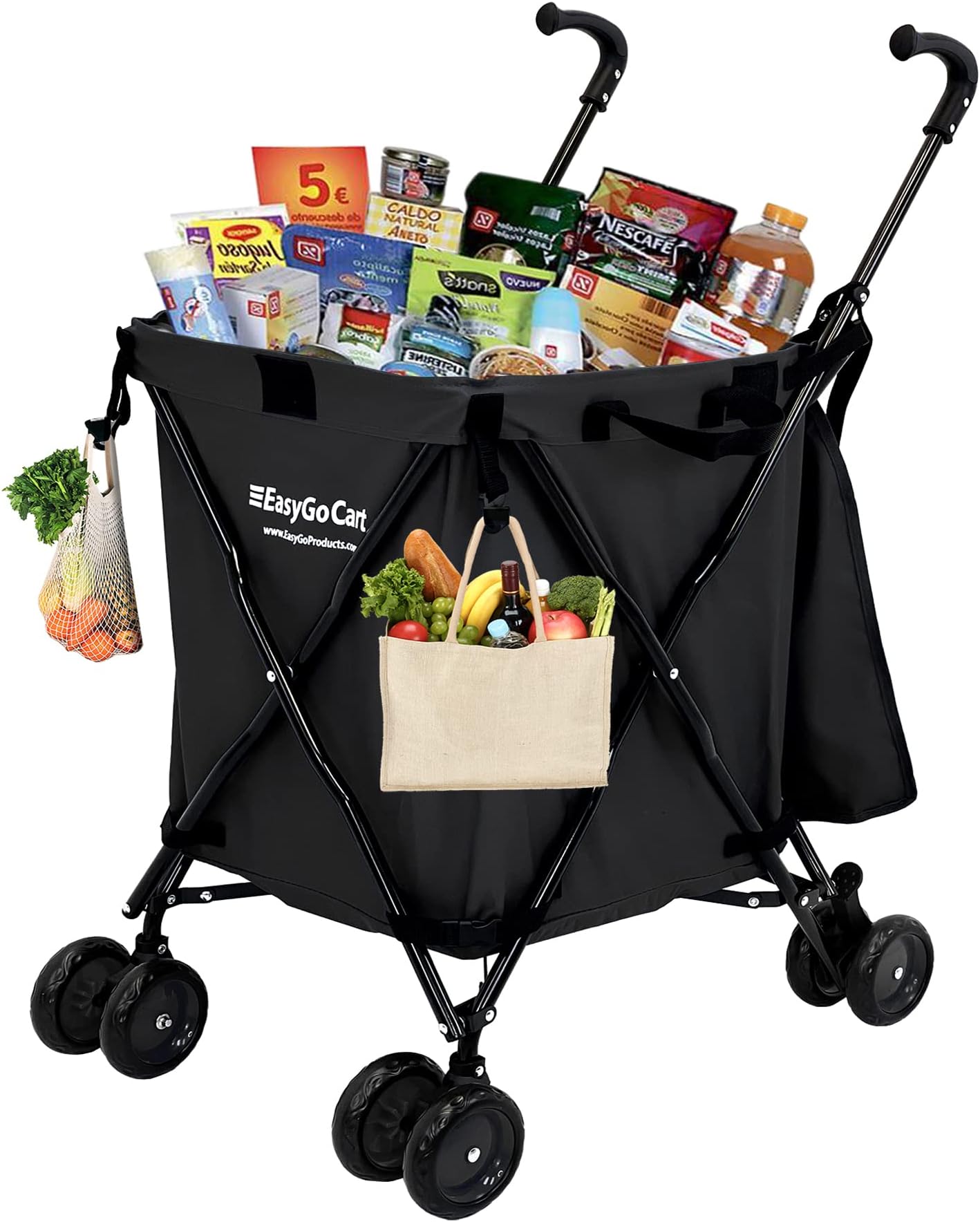 EasyGo Grocery Shopping Cart Laundry Basket Rolling Utility Cart with Wheels – Removable Canvas Bag, Versa Wheels & Rear Brakes - Easy Folding 120lb Capacity – Copyrighted, Black