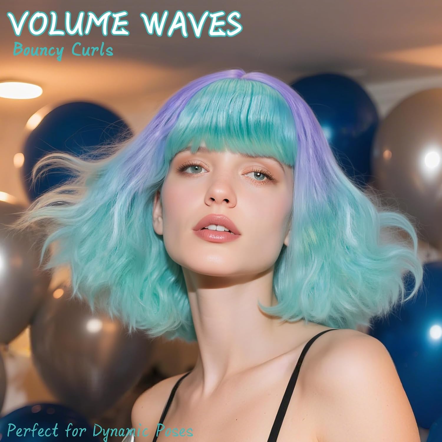 (Wig Cap + Short Bob Teal Wig 14 Inches Teal Purple Ombre Short Wavy Wigs with Bangs Green Synthetic Hair for Women Shoulder Length Cosplay Wigs with Curls Halloween Party Costume Outfit - Image 4