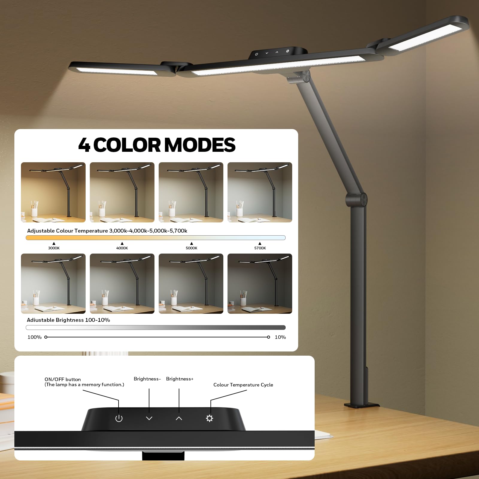 Honeywell Ampia lampada da scrivania con morsetto per doppio monitor, lampada da scrivania a LED a spettro completo da 22 W per casa e ufficio, luce architetto regolabile in 3 sezioni per scrivania